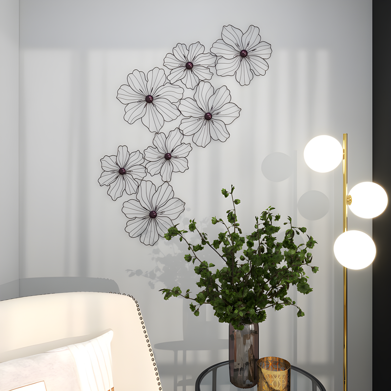 Metal Wire Foiled Floral Home Wall Decor with Scroll Accents