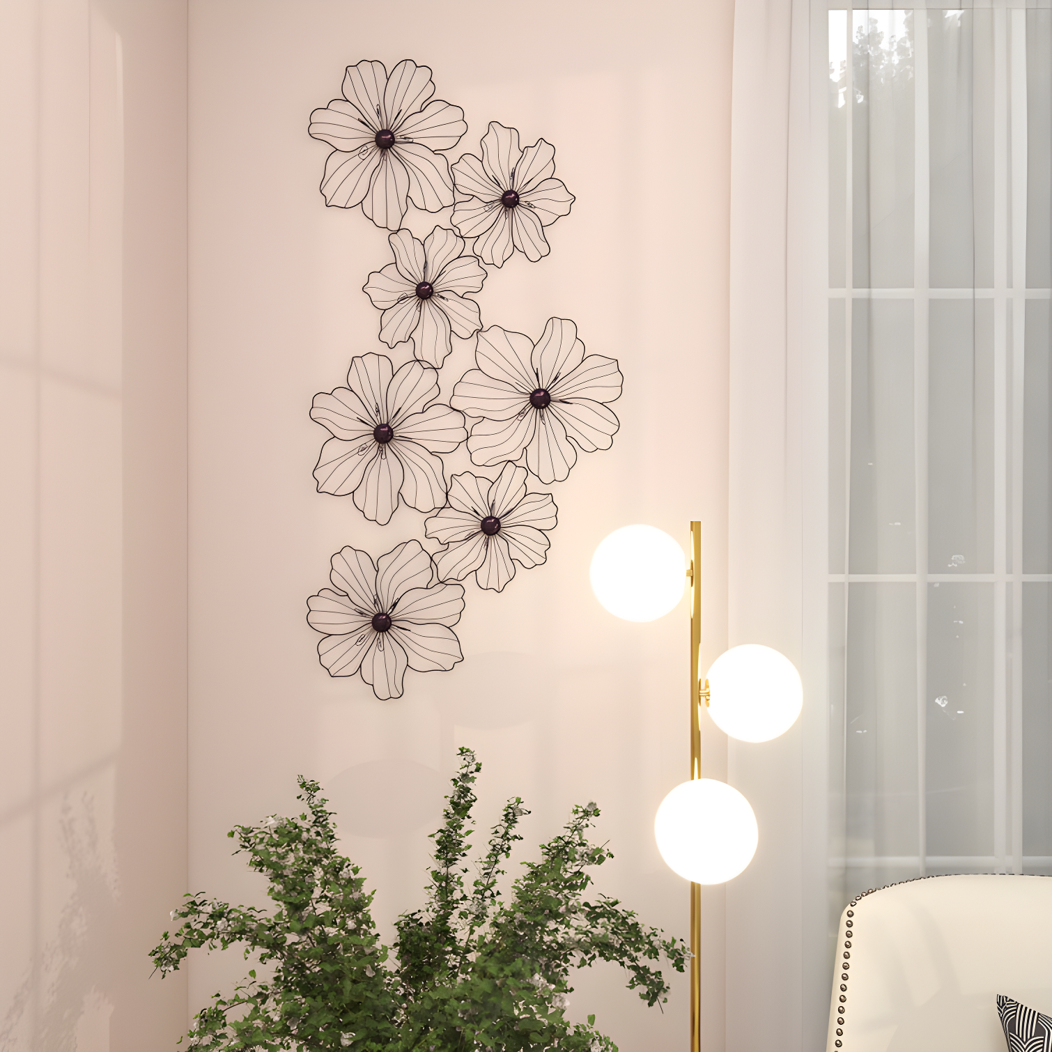 Metal Wire Foiled Floral Home Wall Decor with Scroll Accents