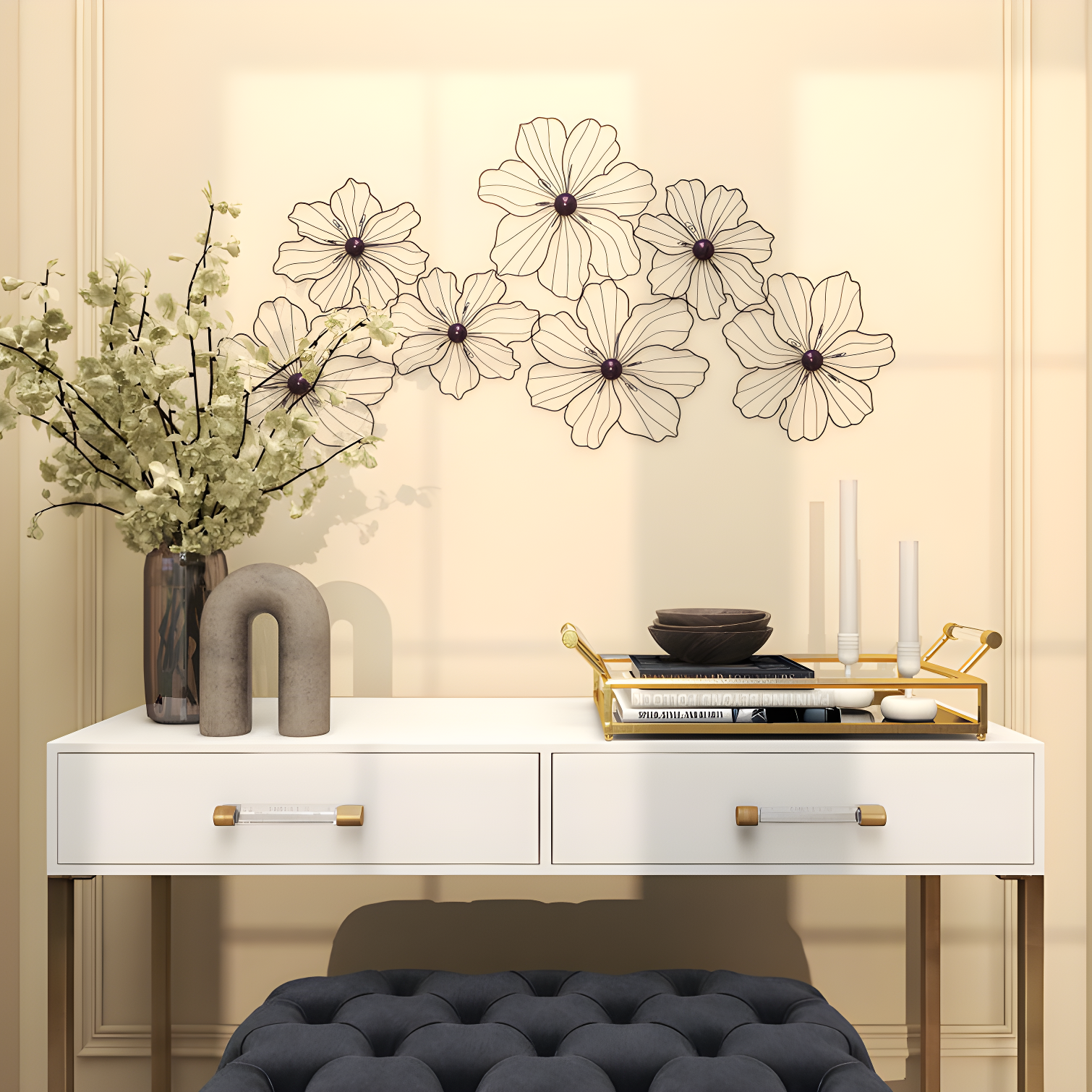 Metal Wire Foiled Floral Home Wall Decor with Scroll Accents