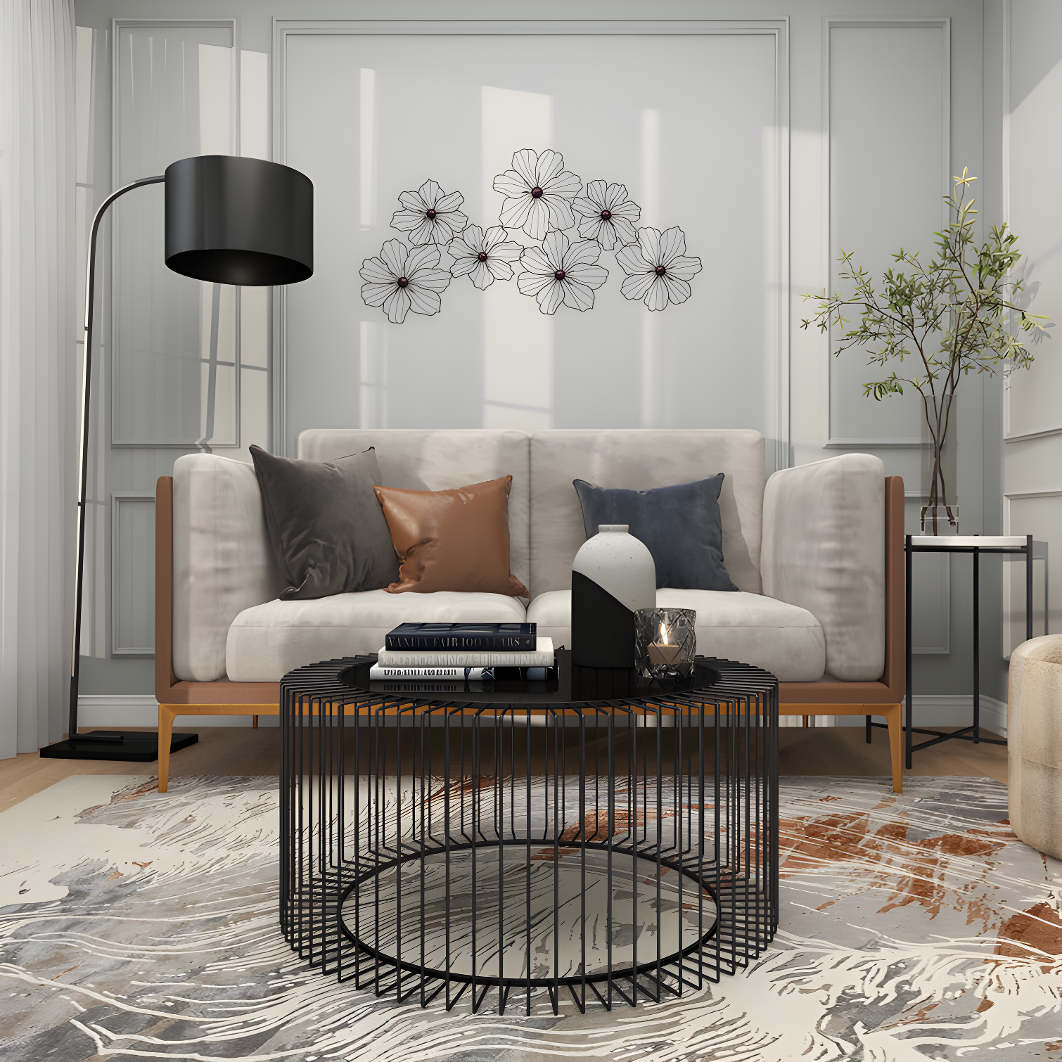 Metal Wire Foiled Floral Home Wall Decor with Scroll Accents