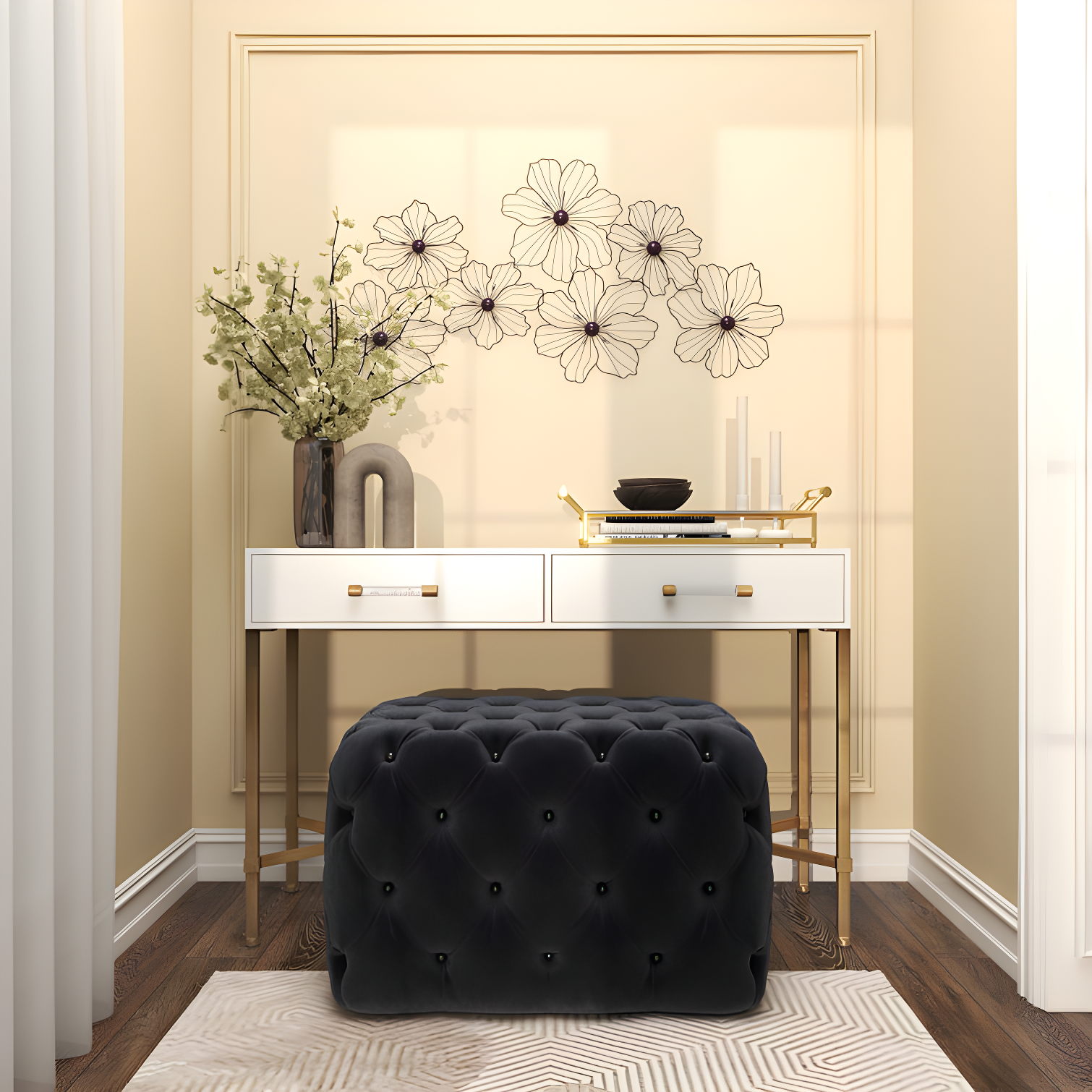 Metal Wire Foiled Floral Home Wall Decor with Scroll Accents