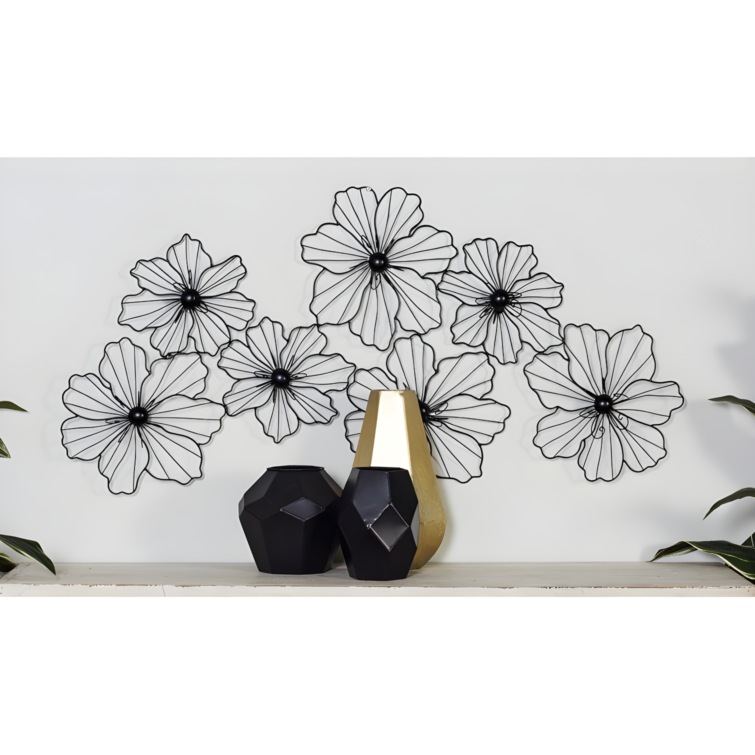 Metal Wire Foiled Floral Home Wall Decor with Scroll Accents