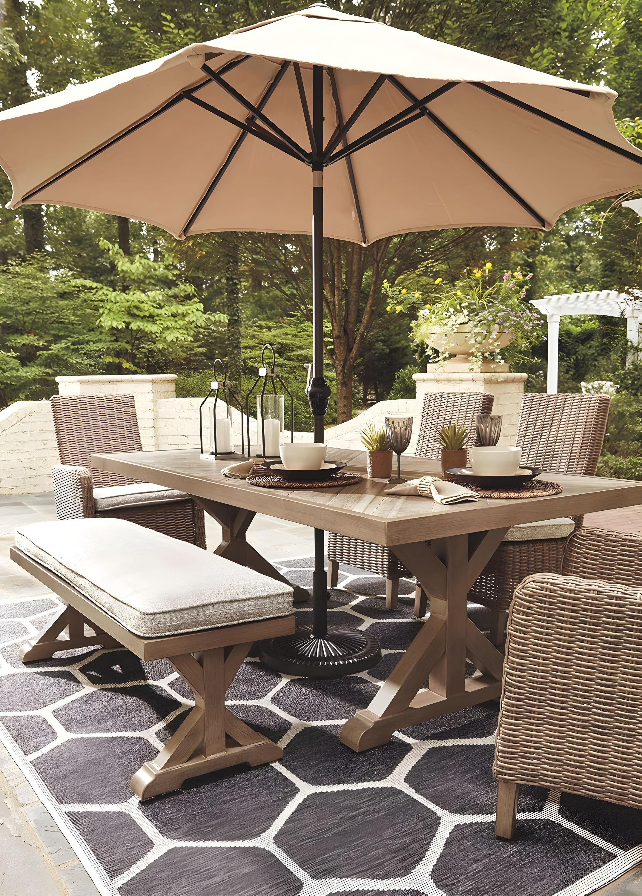 Signature Design by Ashley Beachcroft Trestle Patio Dining Table in Beige