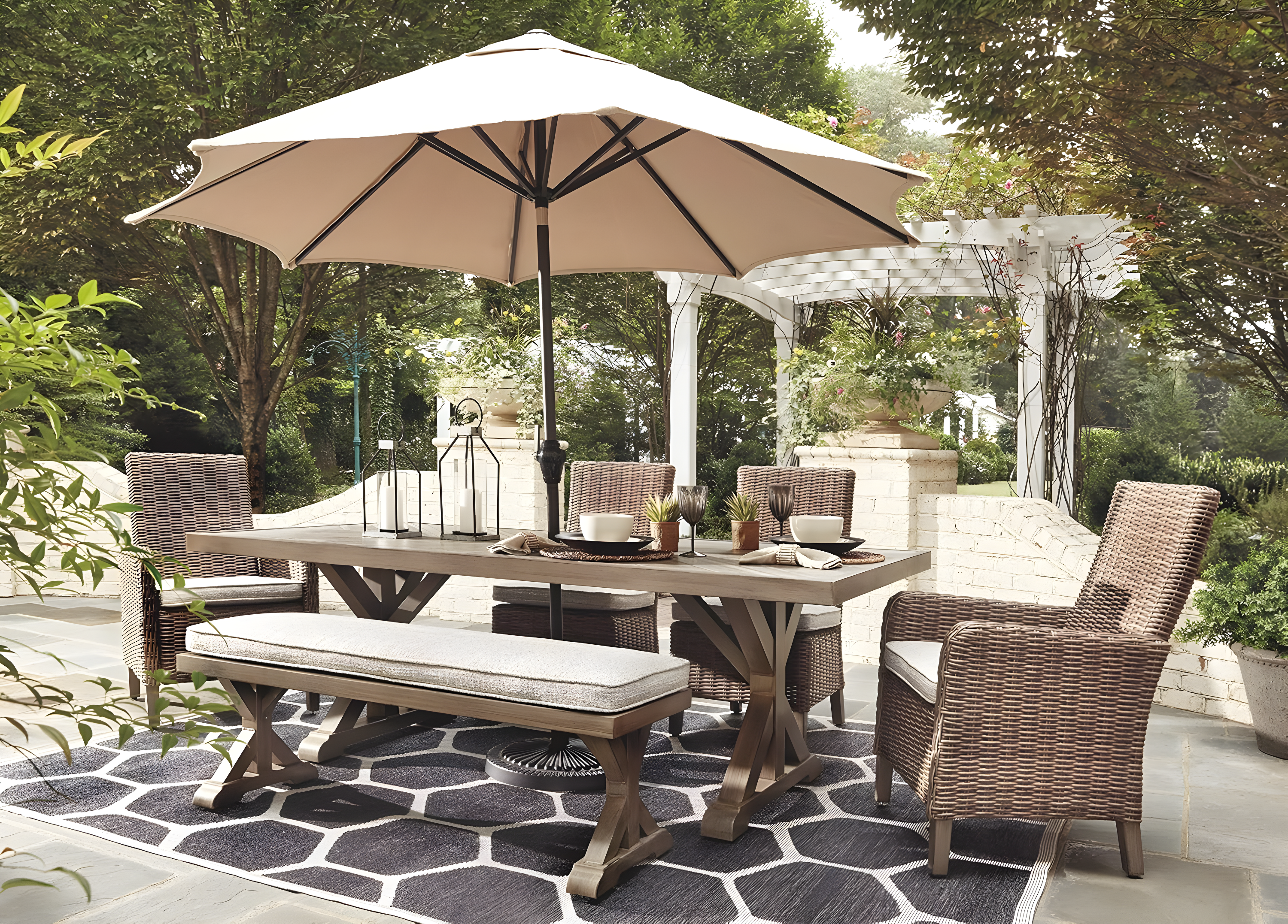 Signature Design by Ashley Beachcroft Trestle Patio Dining Table in Beige