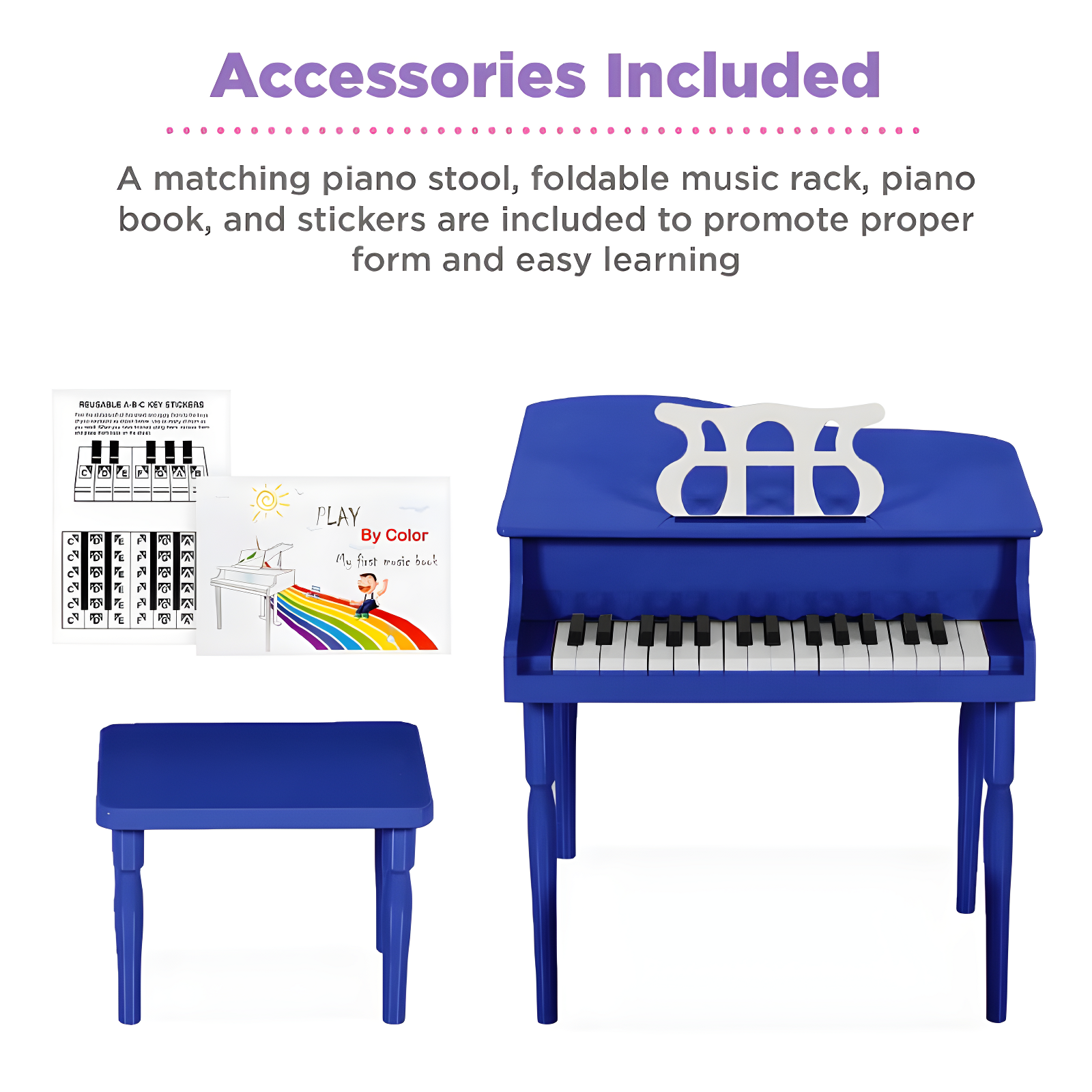 Best Choice Products Kids Classic 30-Key Mini Piano w/ Lid, Bench, Folding Music Rack, Song Book, Stickers - Dark Blue
