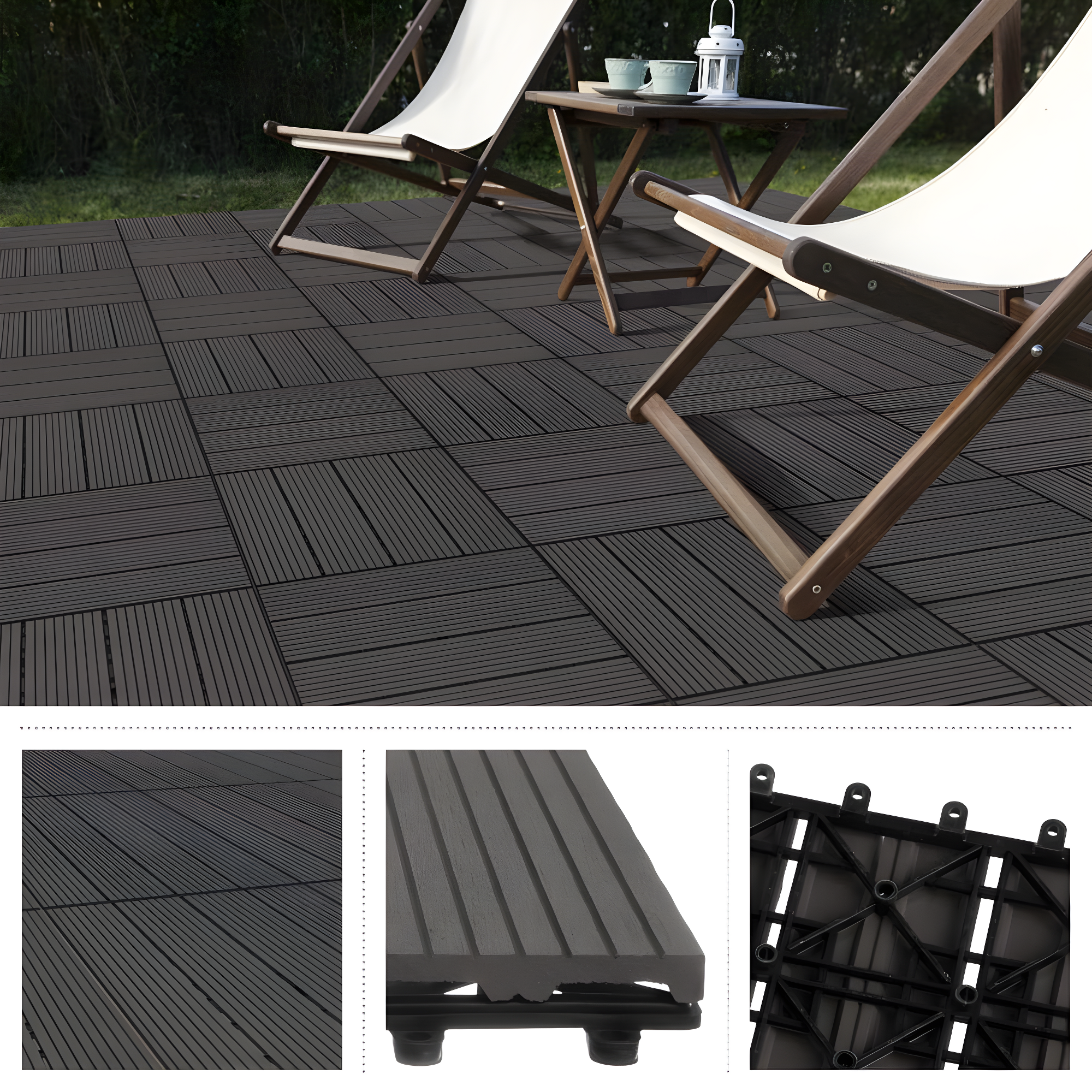 Deck Tiles - 6-Pack Wood Plastic Composite Interlocking Patio Tiles - 5.8SQFT Outdoor Flooring for Balcony, Porch, and Garage by Pure Garden