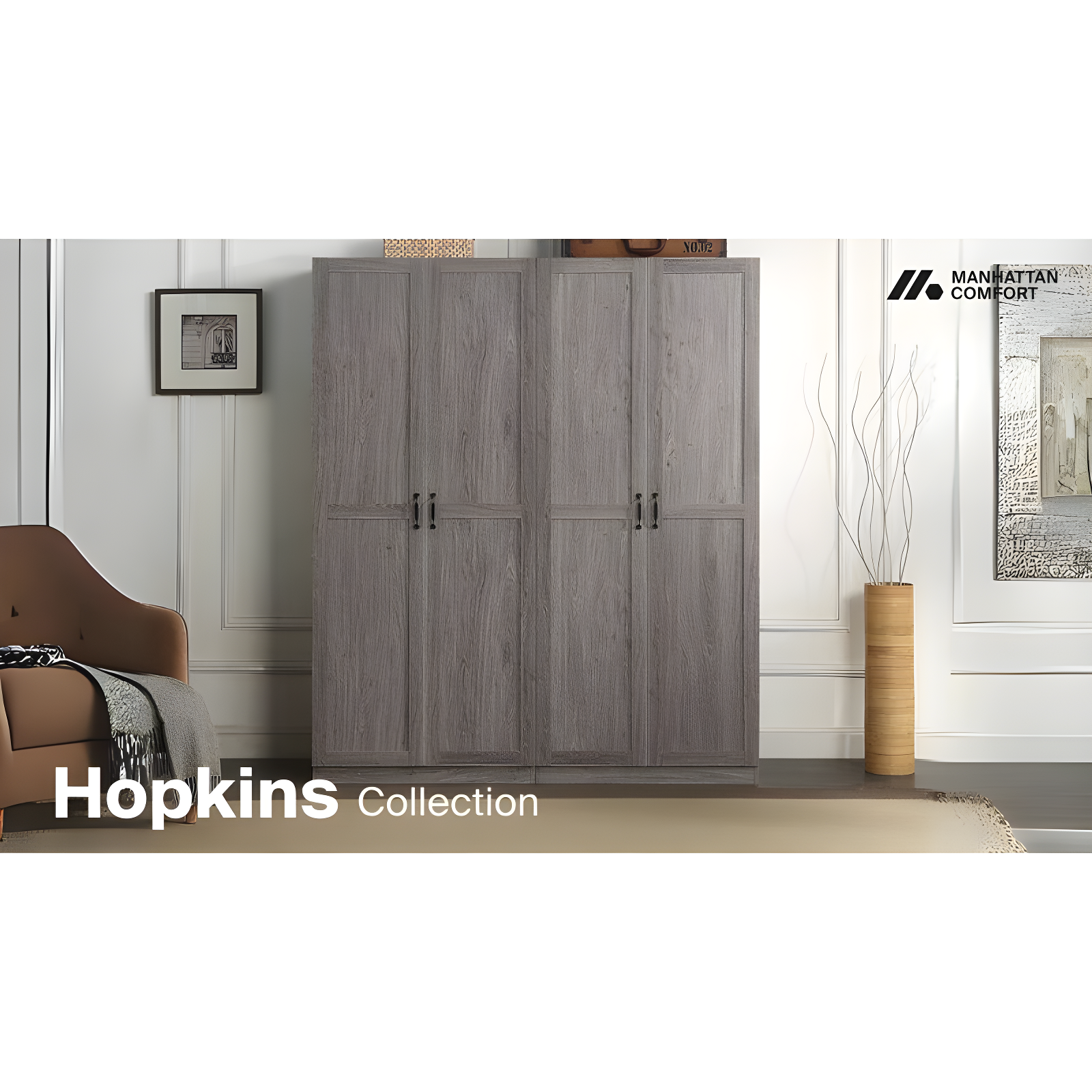 Hopkins Modern 4 Shelf Storage Closet White - Manhattan Comfort: MDF, European Hinge, Anti-Tip