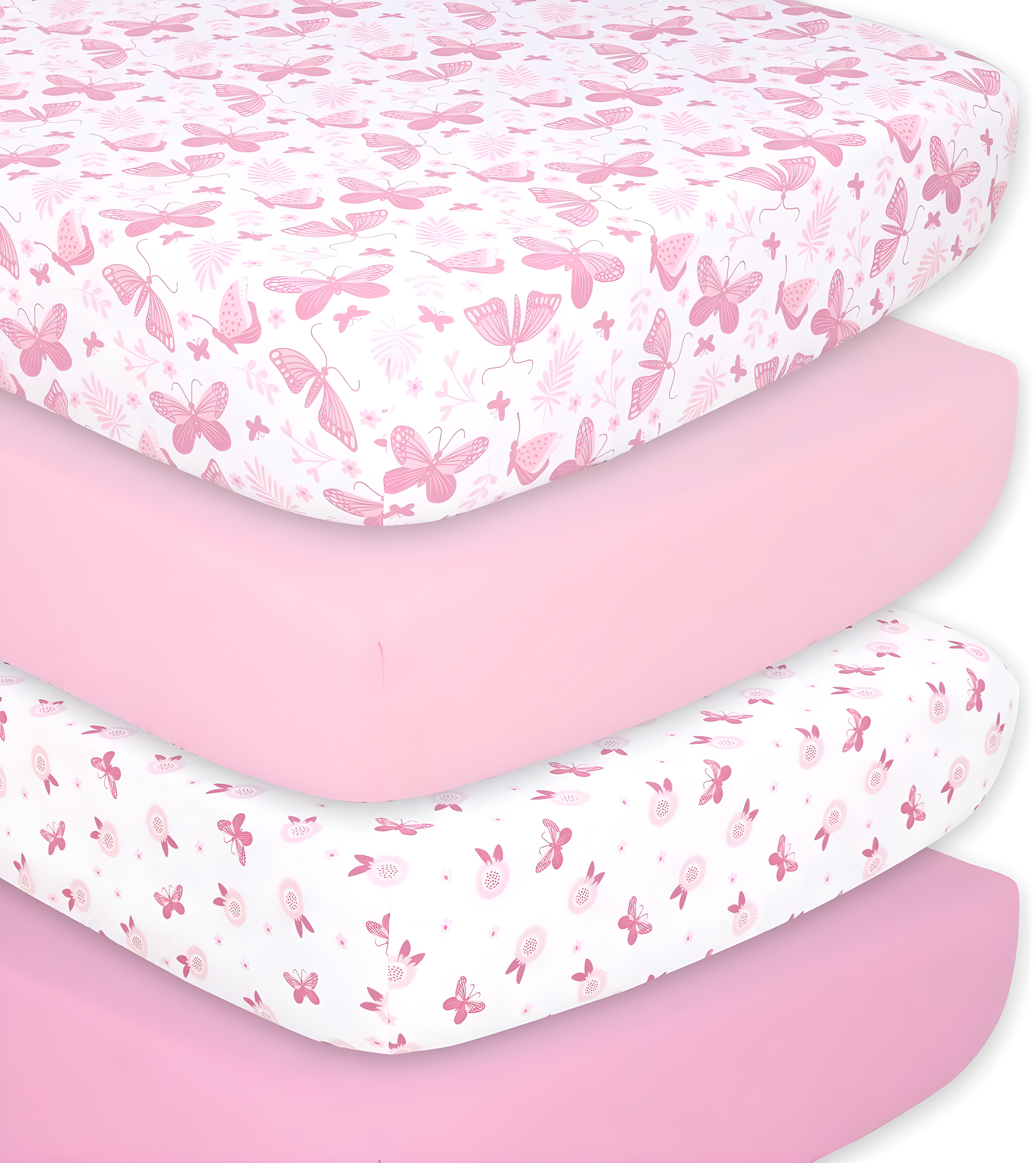 The Peanutshell Pink Butterfly 4-Pack Crib Fitted Sheet Set in Pink/White