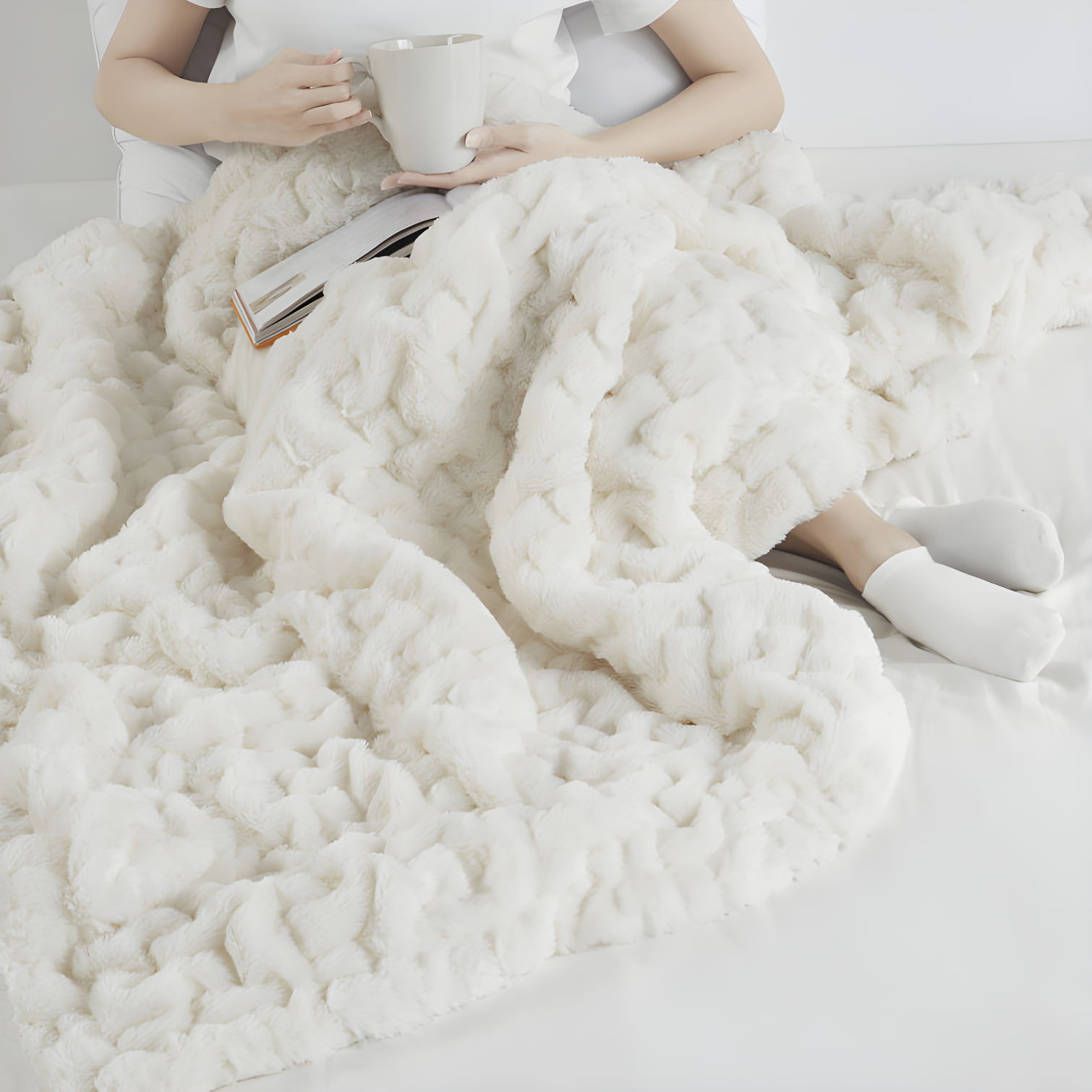 Madison Park Ivory Ruched Fur Throw 50x60"