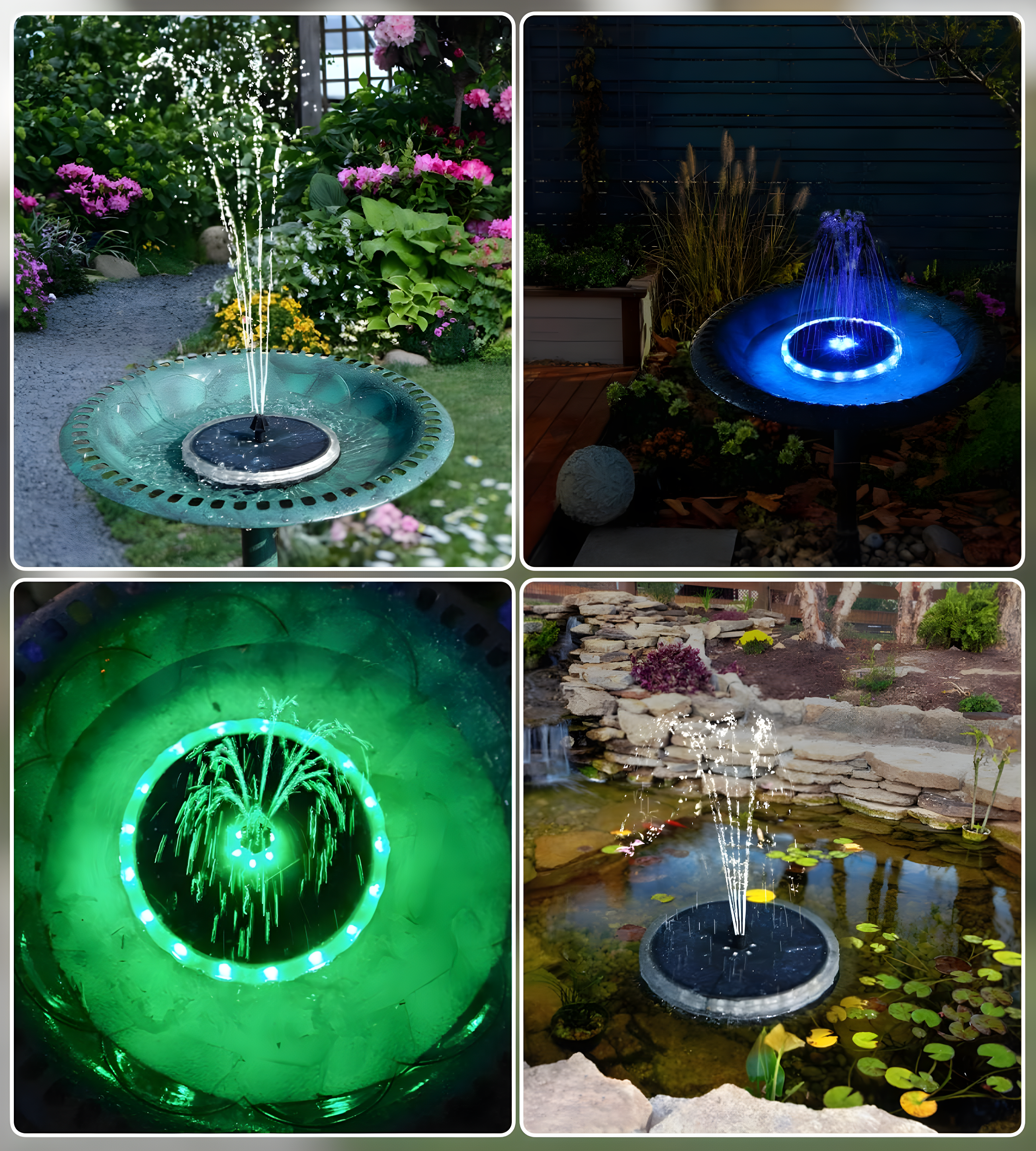Solar Fountain Matte Panel with 4000 mAH Battery, 4W Bird Bath Fountains Solar Power with 8 Nozzles, Floating Solar Fountain Pump for Bird Bath, Garden, Pond, Outdoor (Color Change)