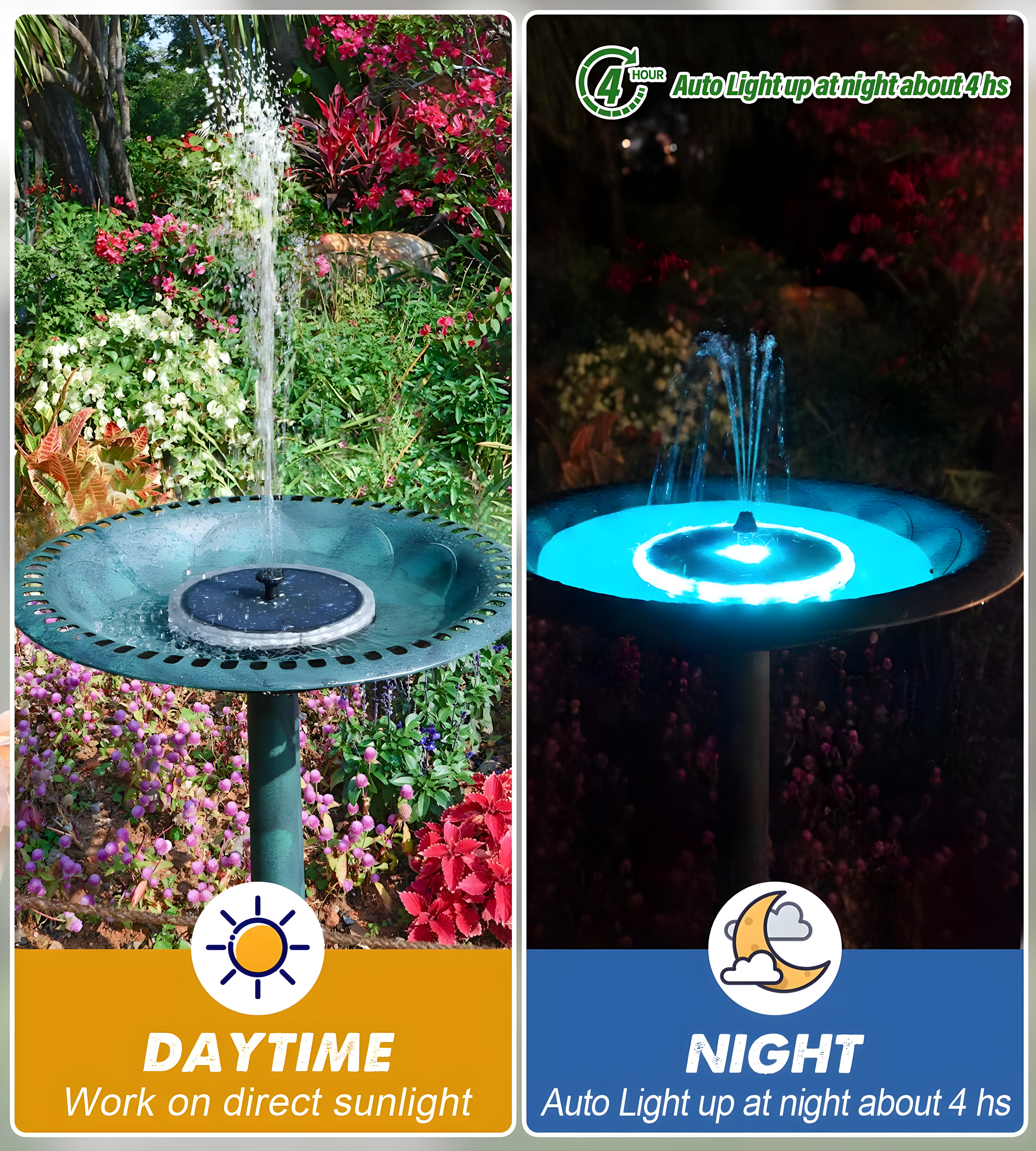 Solar Fountain Matte Panel with 4000 mAH Battery, 4W Bird Bath Fountains Solar Power with 8 Nozzles, Floating Solar Fountain Pump for Bird Bath, Garden, Pond, Outdoor (Color Change)