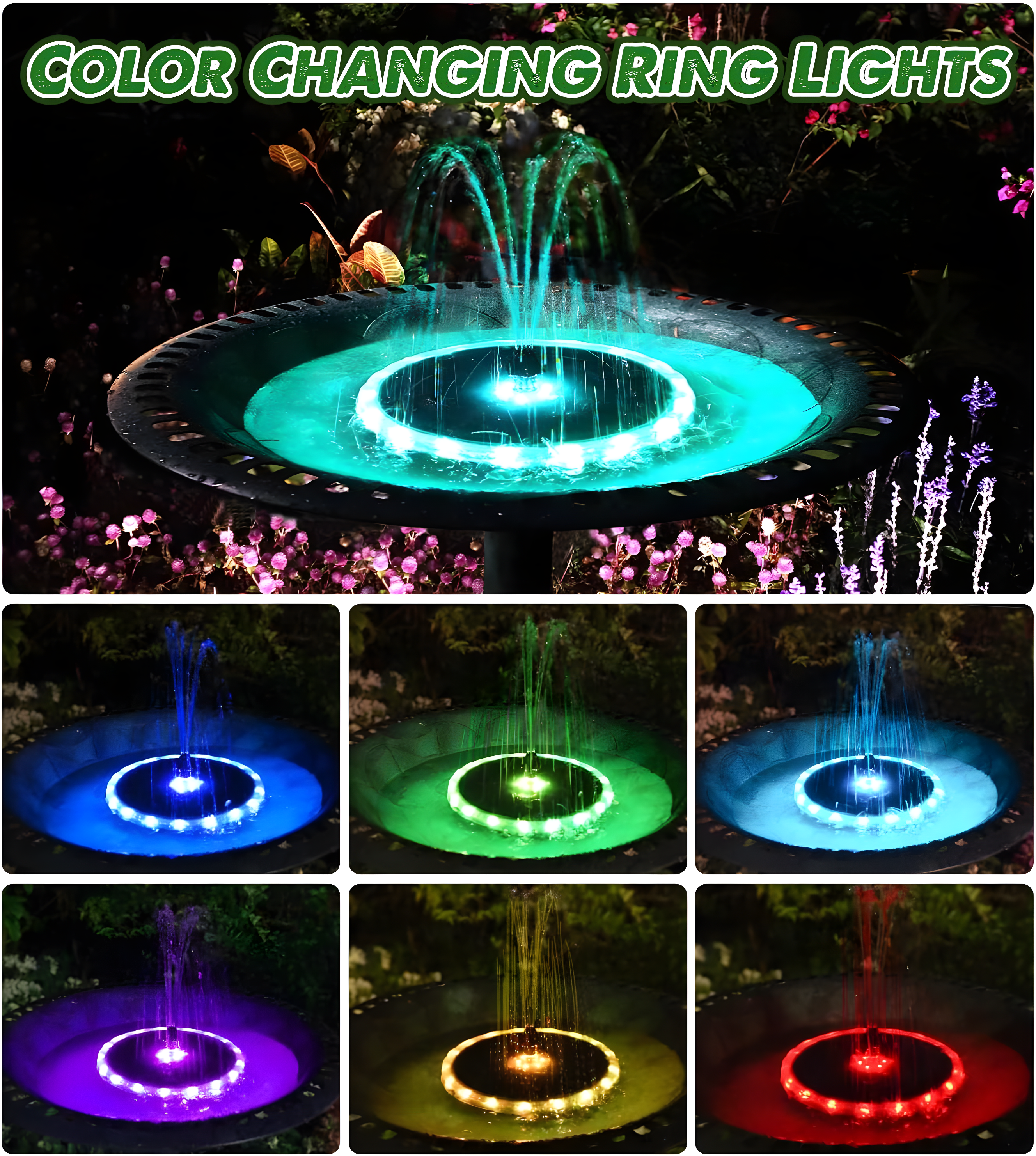 Solar Fountain Matte Panel with 4000 mAH Battery, 4W Bird Bath Fountains Solar Power with 8 Nozzles, Floating Solar Fountain Pump for Bird Bath, Garden, Pond, Outdoor (Color Change)