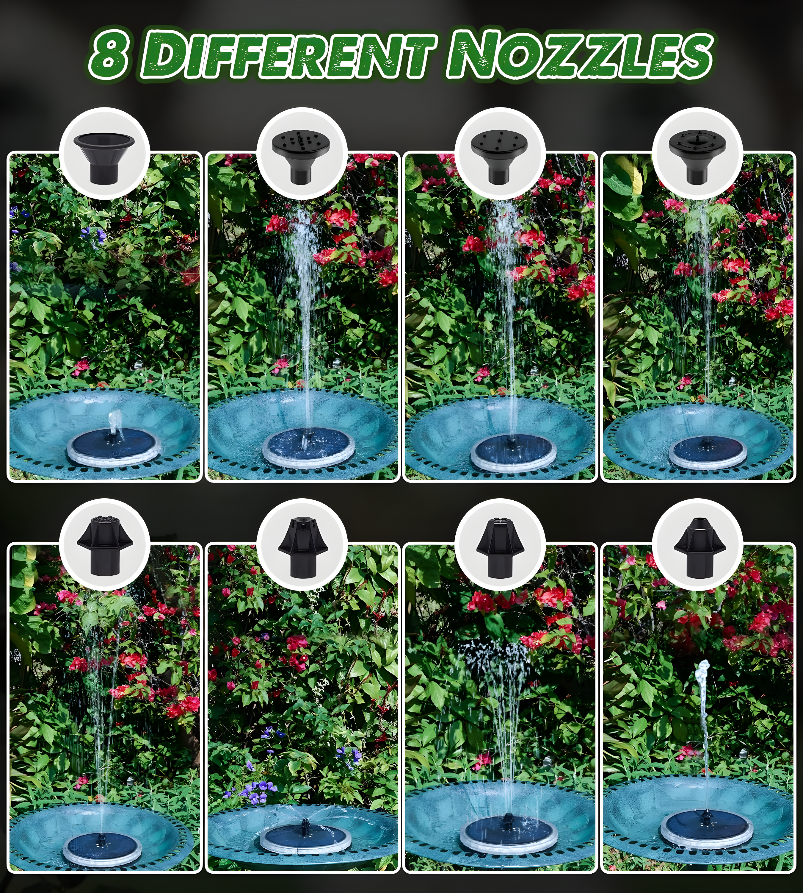 Solar Fountain Matte Panel with 4000 mAH Battery, 4W Bird Bath Fountains Solar Power with 8 Nozzles, Floating Solar Fountain Pump for Bird Bath, Garden, Pond, Outdoor (Color Change)