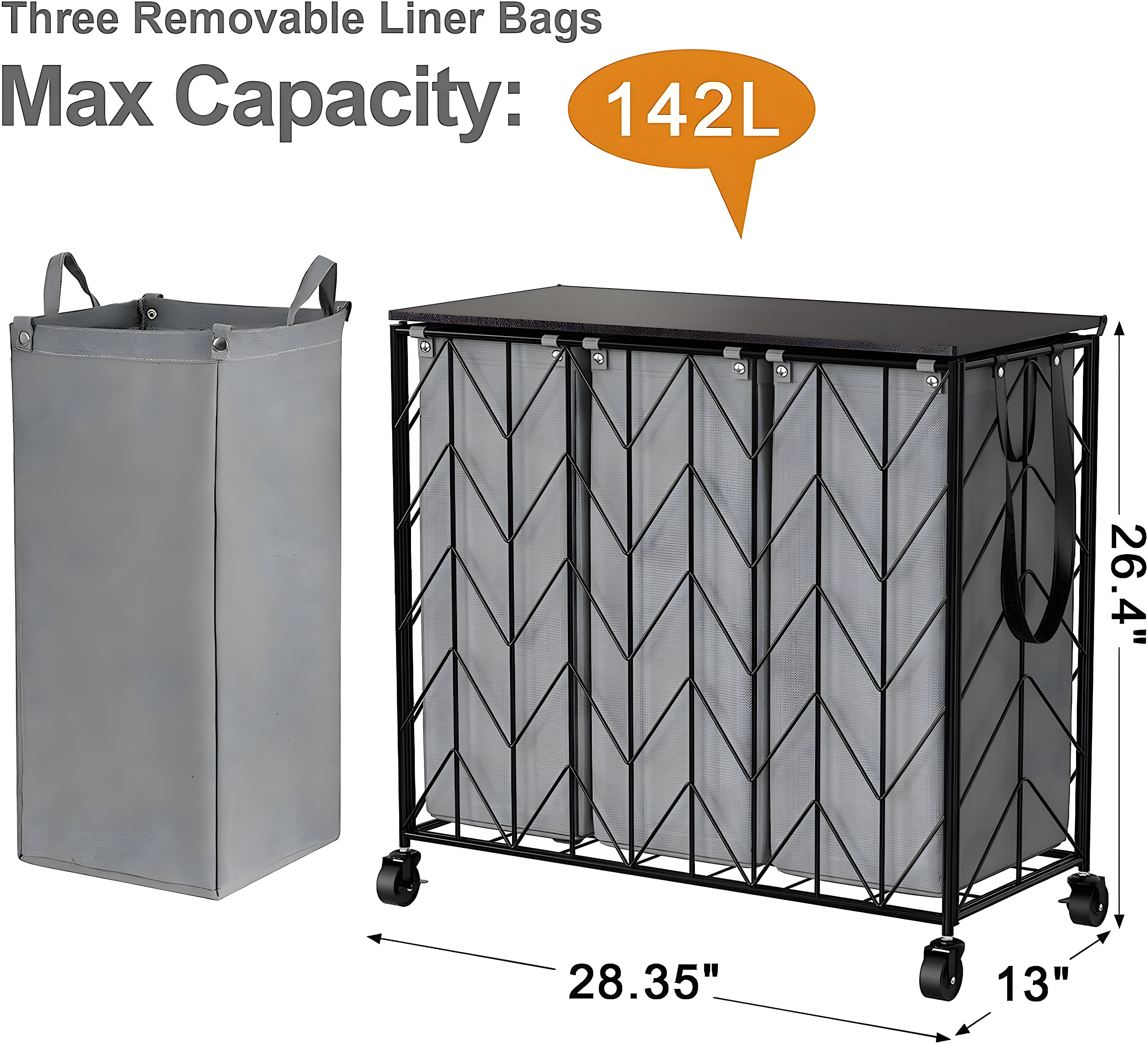 BINNBOX 142L Laundry Hamper 3 Section with Lid