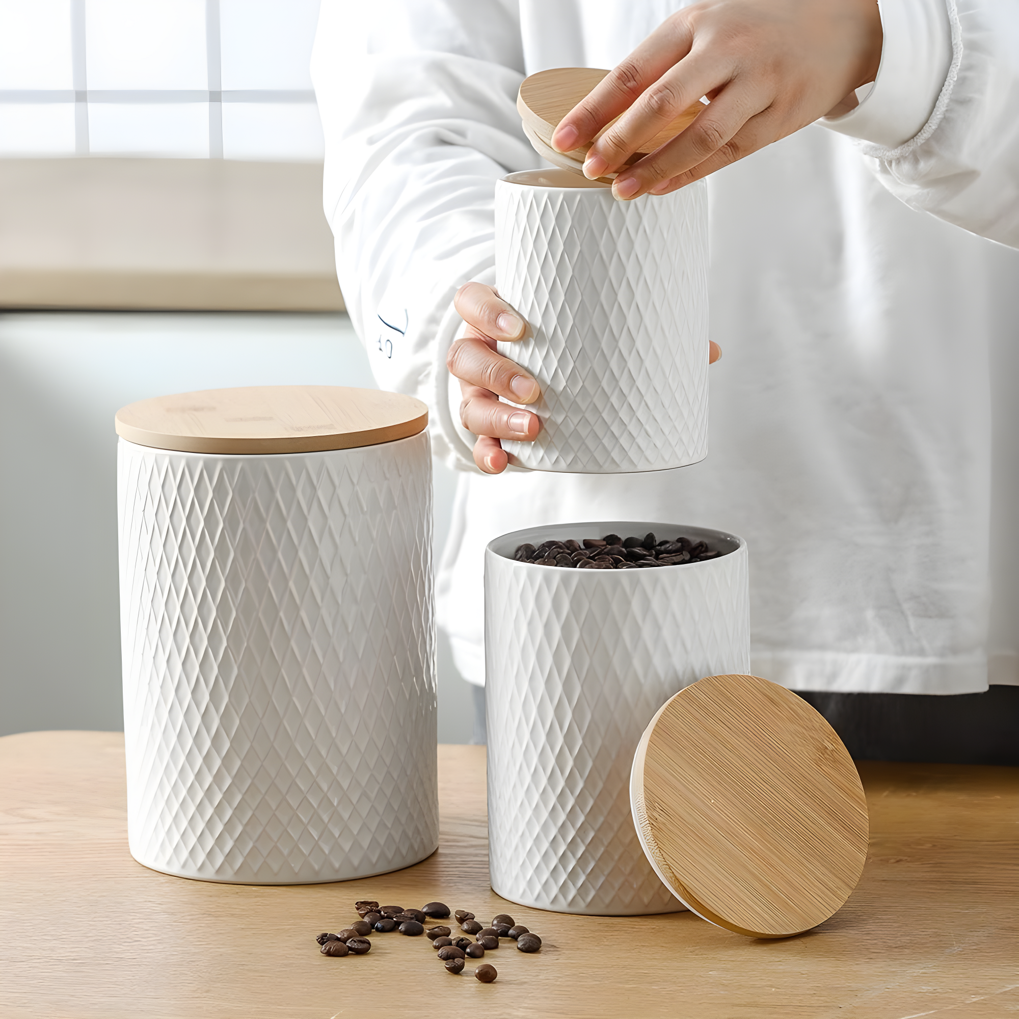 Design Imports Antique White Matte Retro Vine Texture Ceramic Canister Set/3