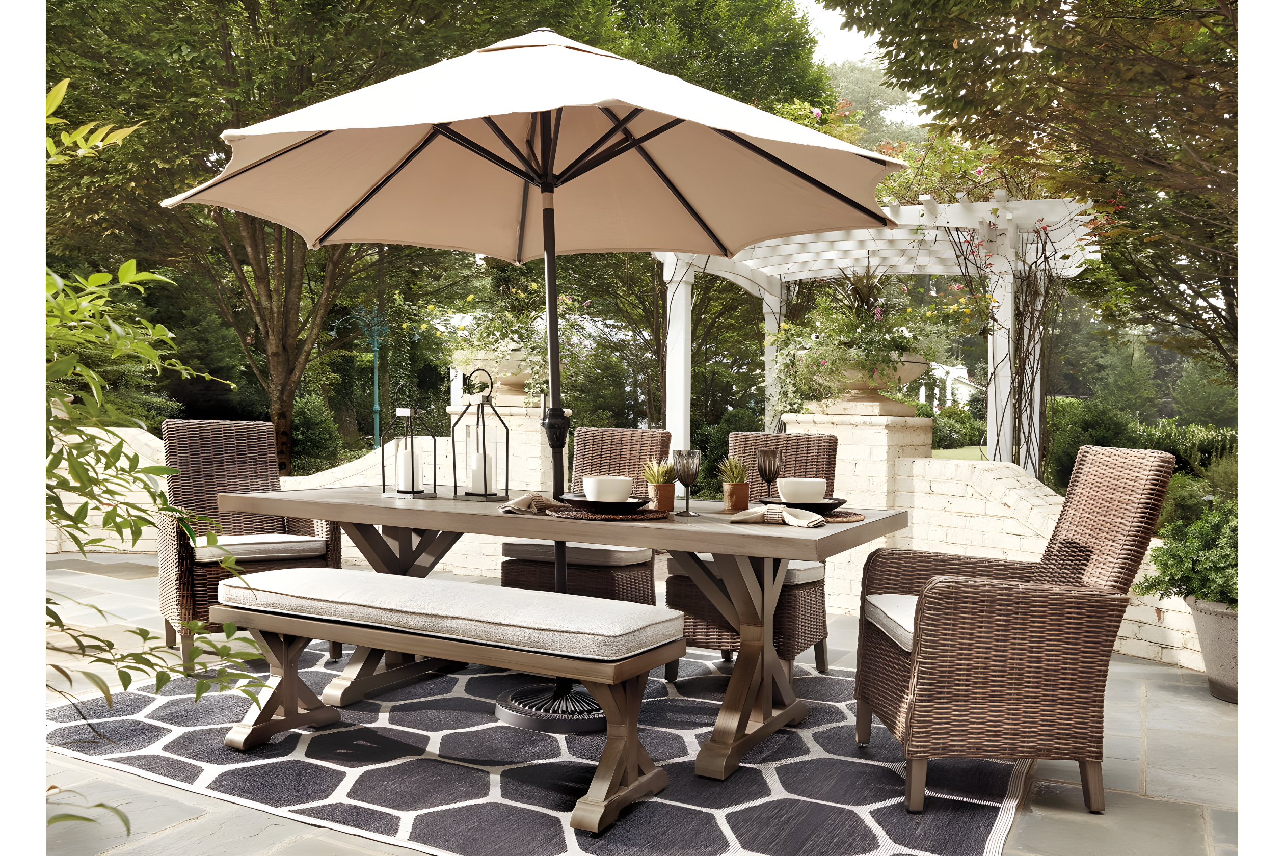 Signature Design by Ashley Beachcroft Trestle Patio Dining Table in Beige