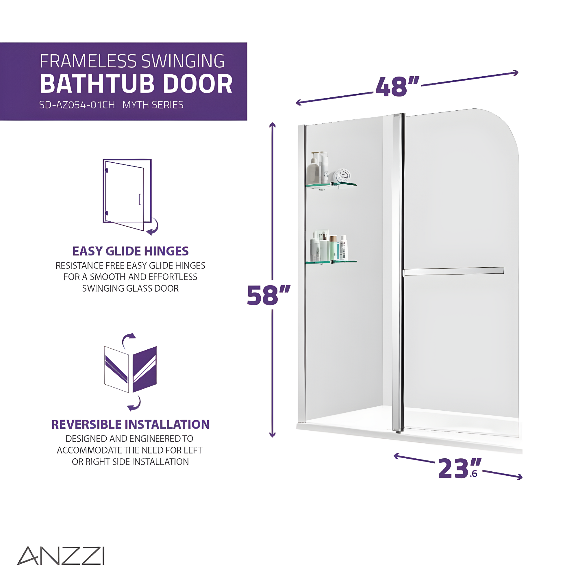 Galleon 58" H Hinged Frameless Tub Door with Tsunami Guard Technology