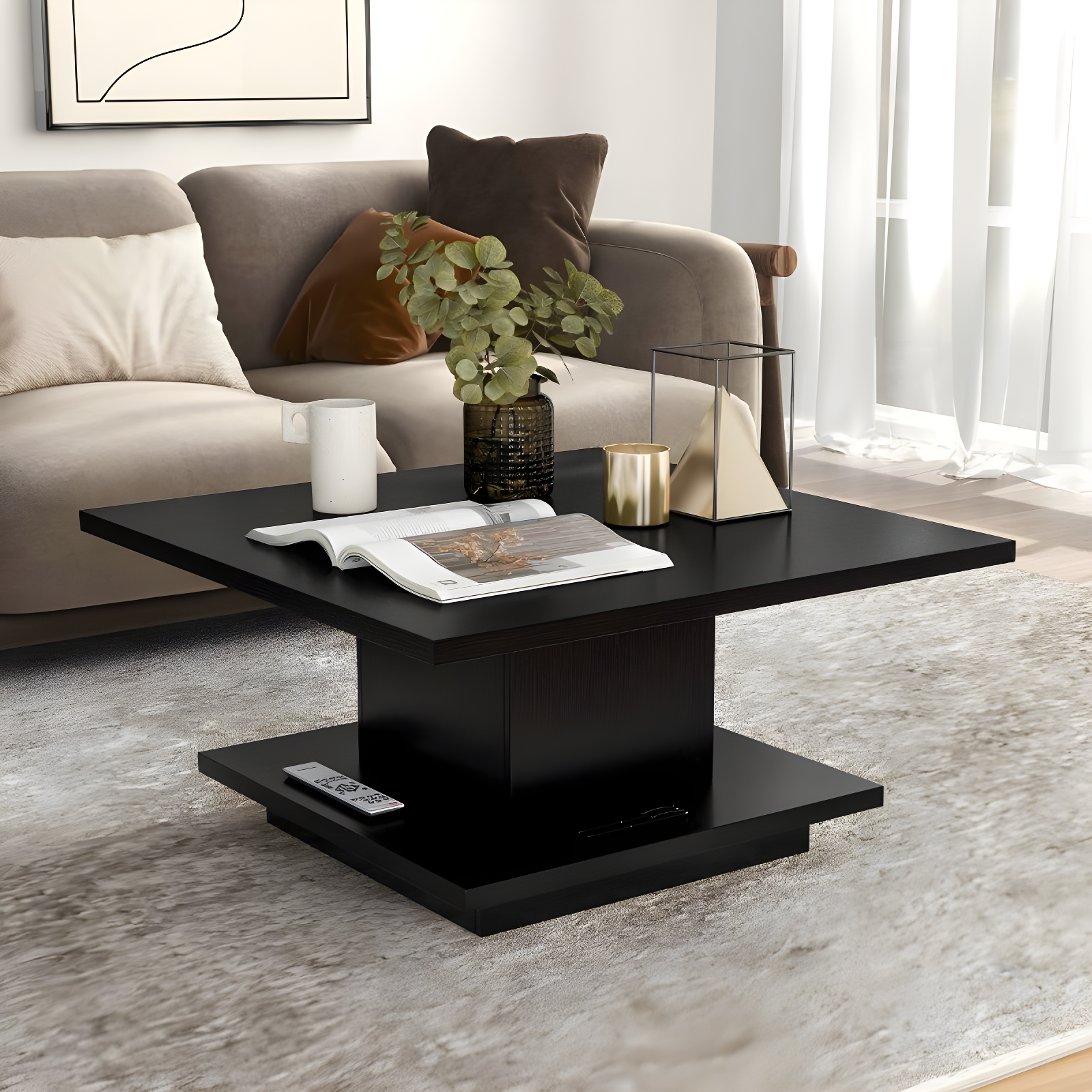 24/7 Shop At Home Traci 31" Contemporary Square Coffee Table with Hidden Storage Black: Modern Living Room Furniture