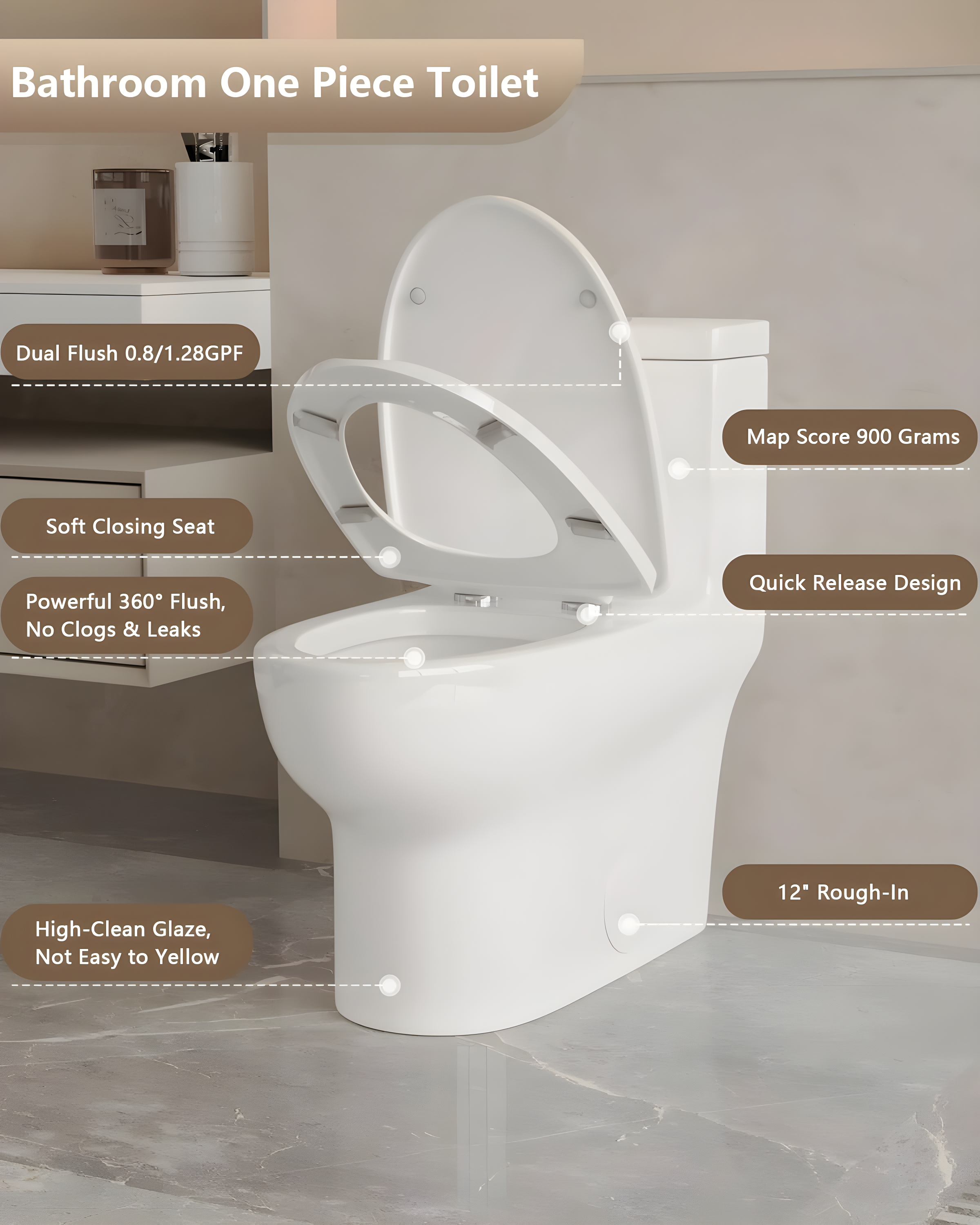Ally Standard Bathroom Toielt, Modern Toilet with Comfort Chair Height Floor Mounted(Seat Included)