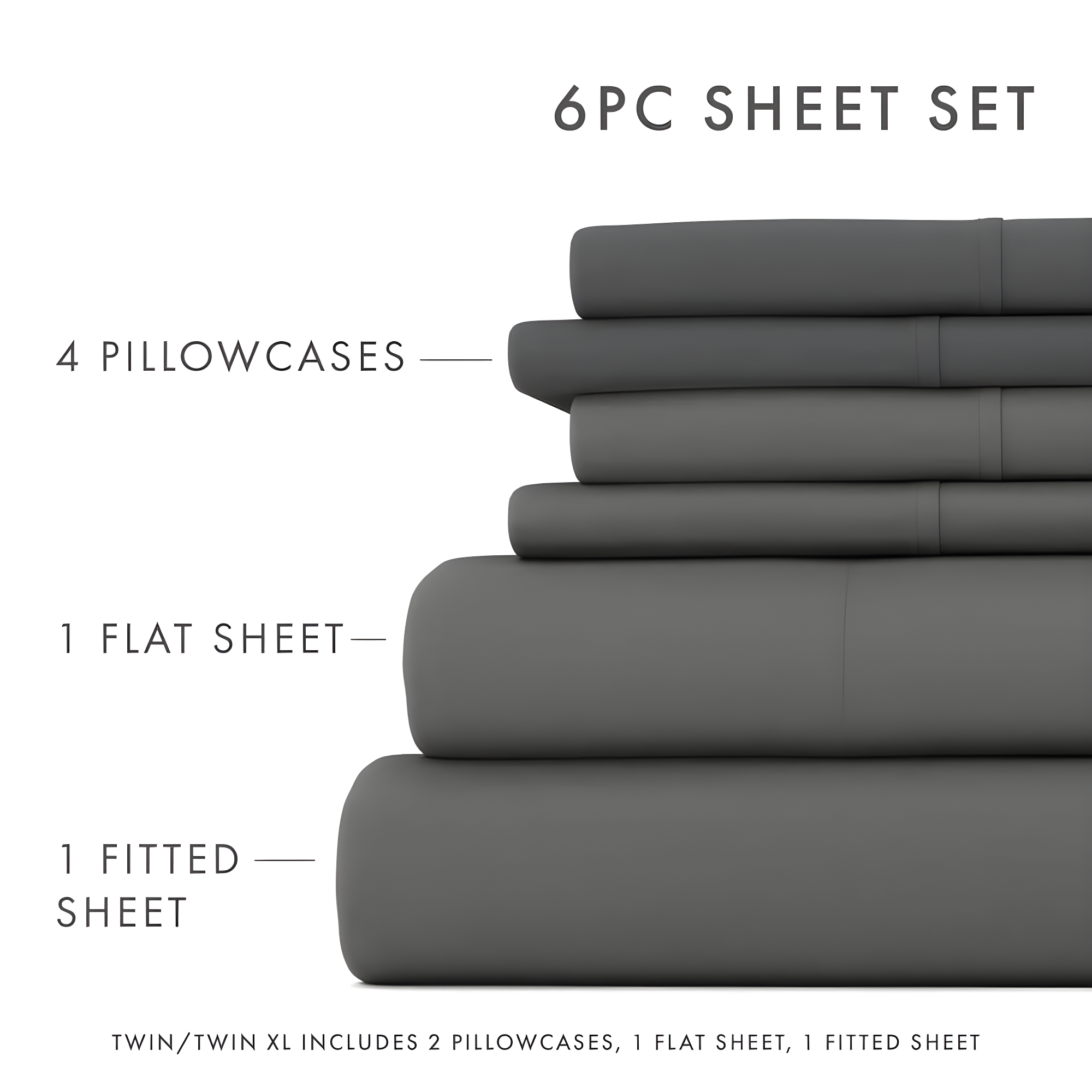 Noble Linens 6 Piece Gray Solid Microfiber Bed Sheet Set For Full Size Bedding