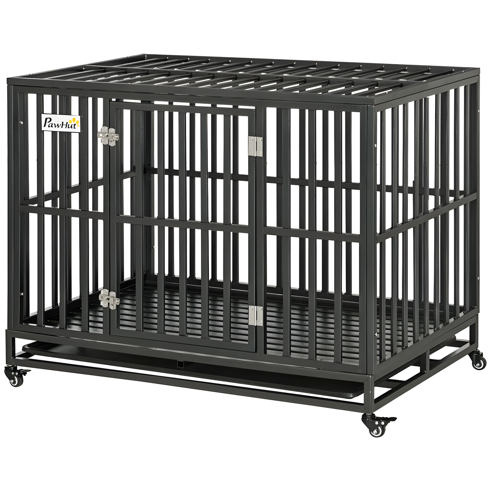 PawHut 44" Heavy Duty Dog Crate Metal Kennel and Cage Dog Playpen with Lockable Wheels, Slide-out Tray and Anti-Pinching Floor