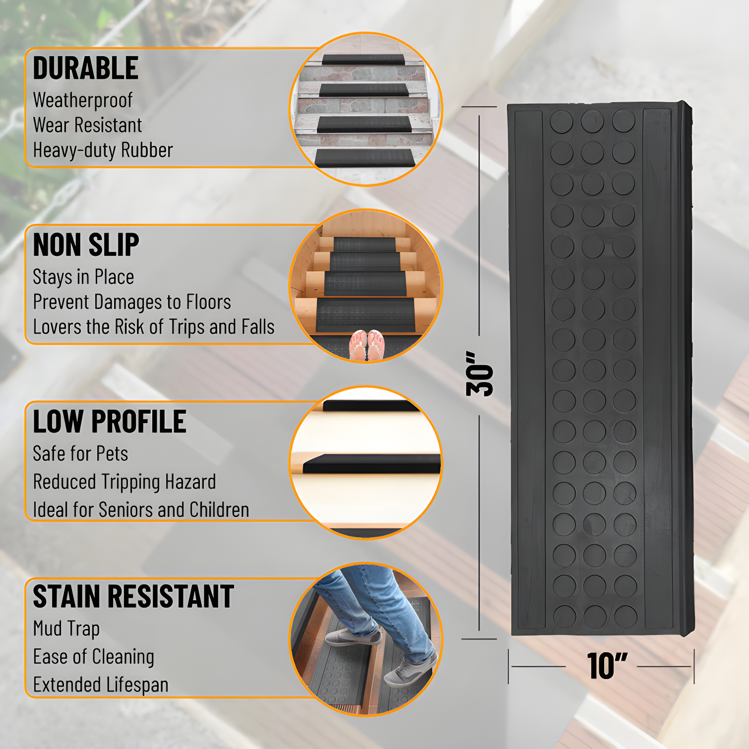 Ottomanson Waterproof, Low Profile Non-Slip Indoor/Outdoor Black Rubber Stair Treads, 10 in. x 25.5 in. & Reviews | Wayfair