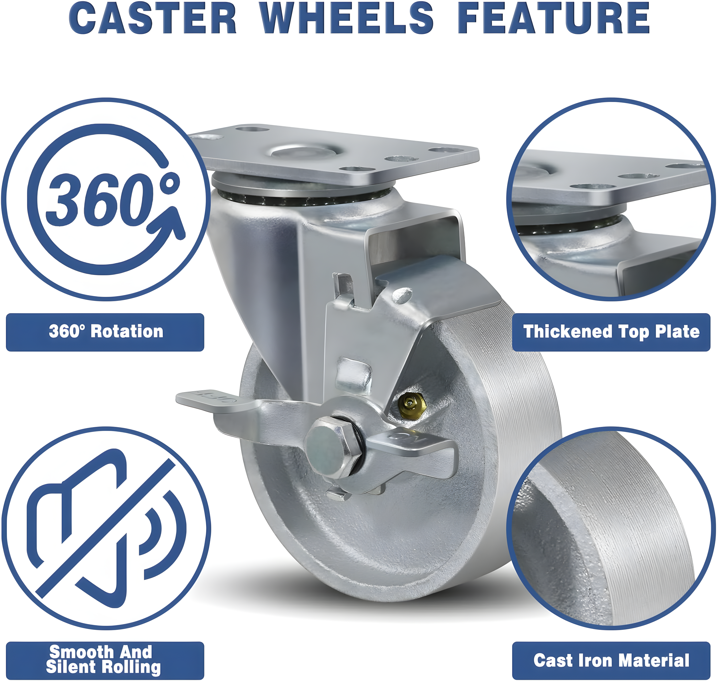Service Caster Tool Box Caster Wheel Set – 4 Inch Semi Steel Cast Iron Swivel Casters – SCC