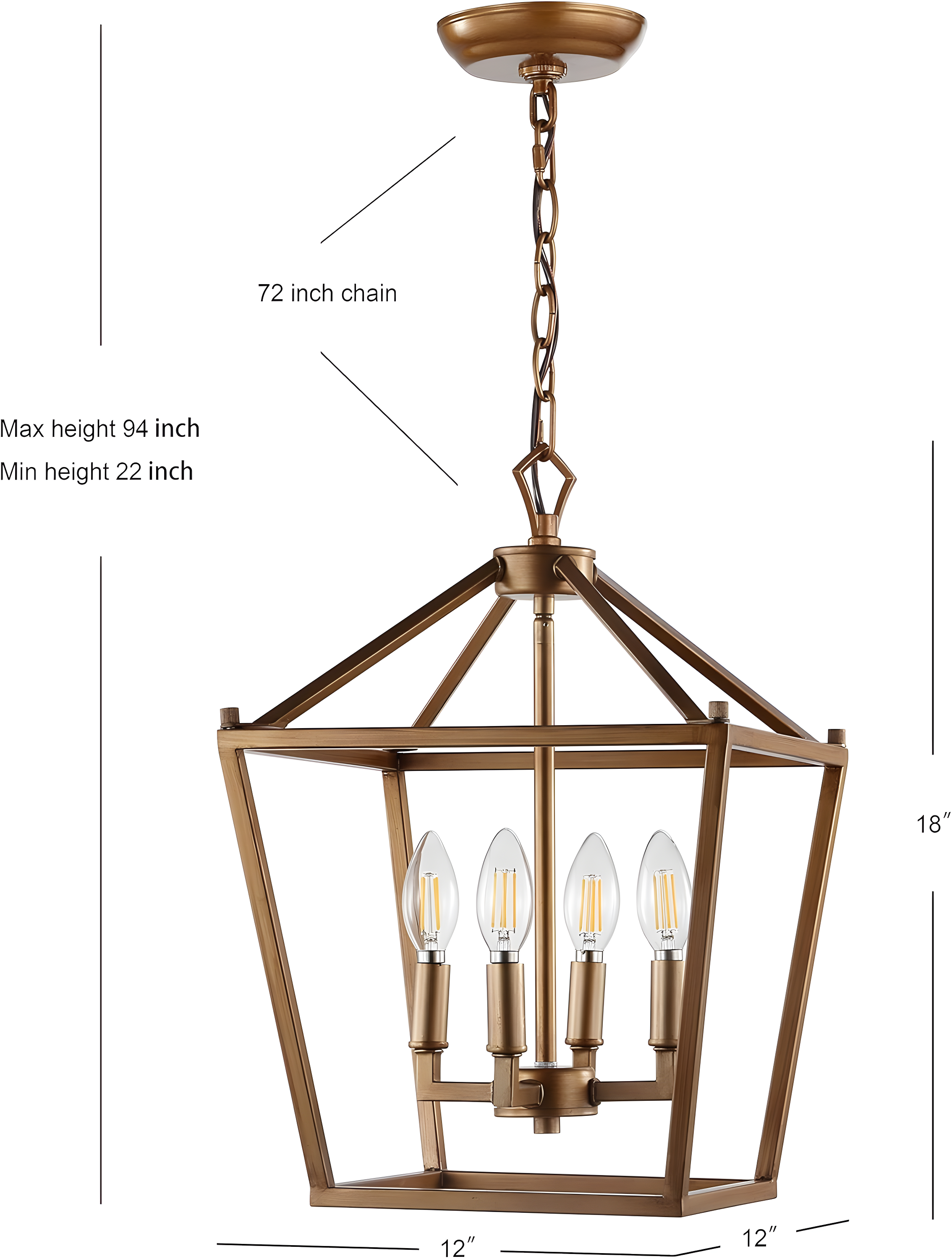 Pagoda 12" 4-Bulb Lantern Metal LED Pendant, Antique Gold