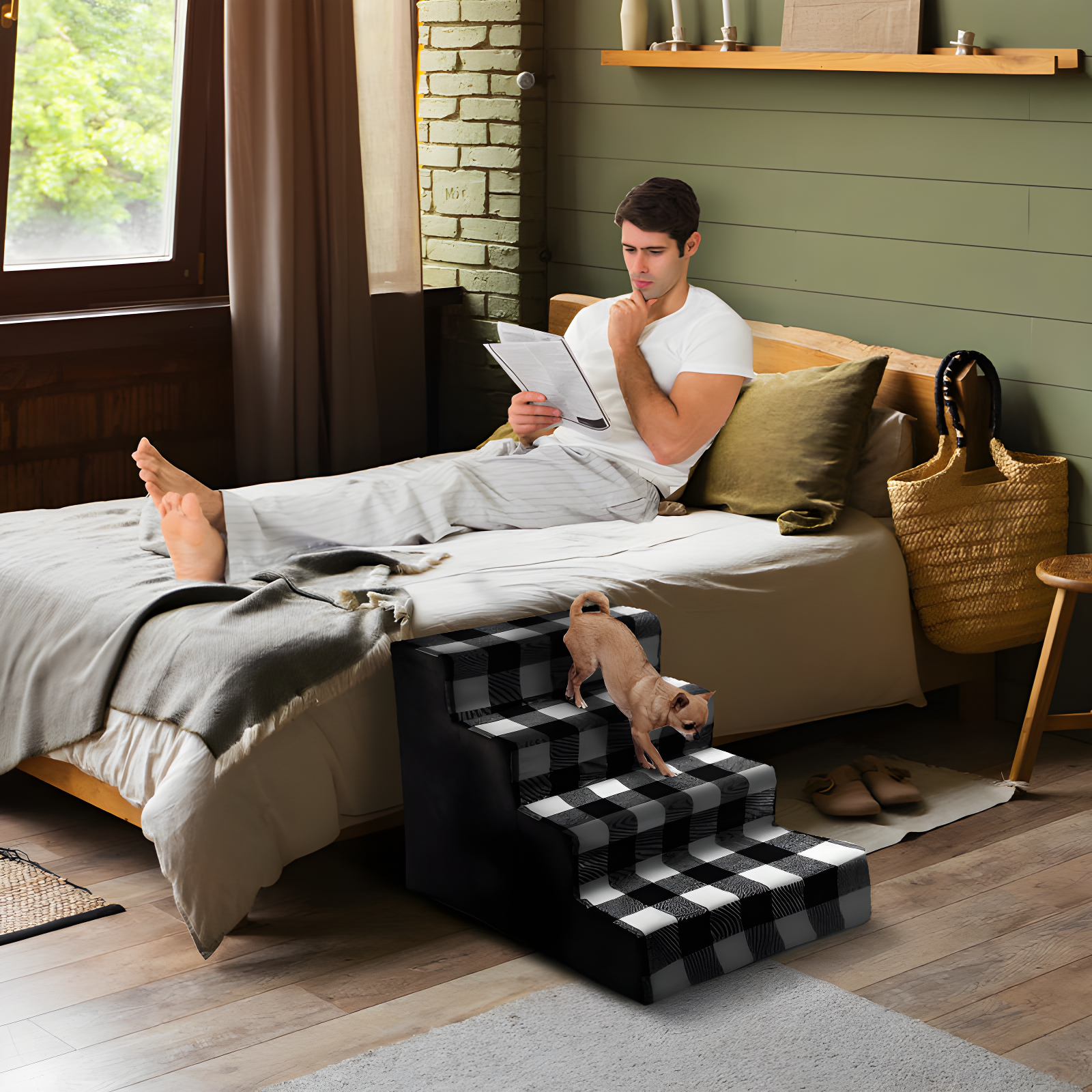 High Density Plaid Foam 4 Steps Pet Dog Stairs