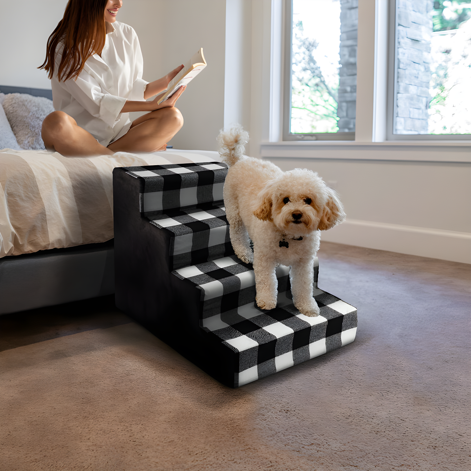 High Density Plaid Foam 4 Steps Pet Dog Stairs