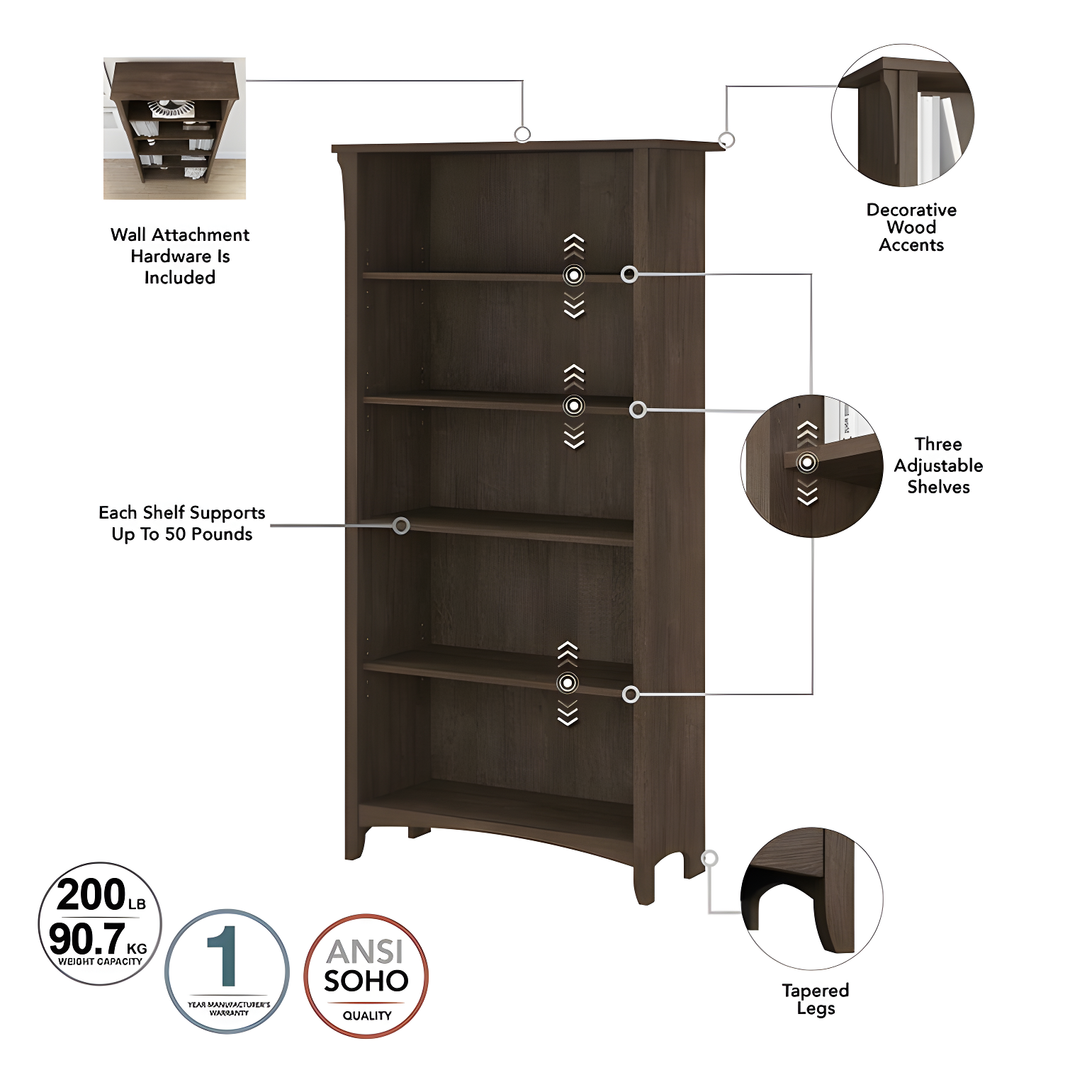 Khadesha 5 Shelf 63" Standard Bookcase