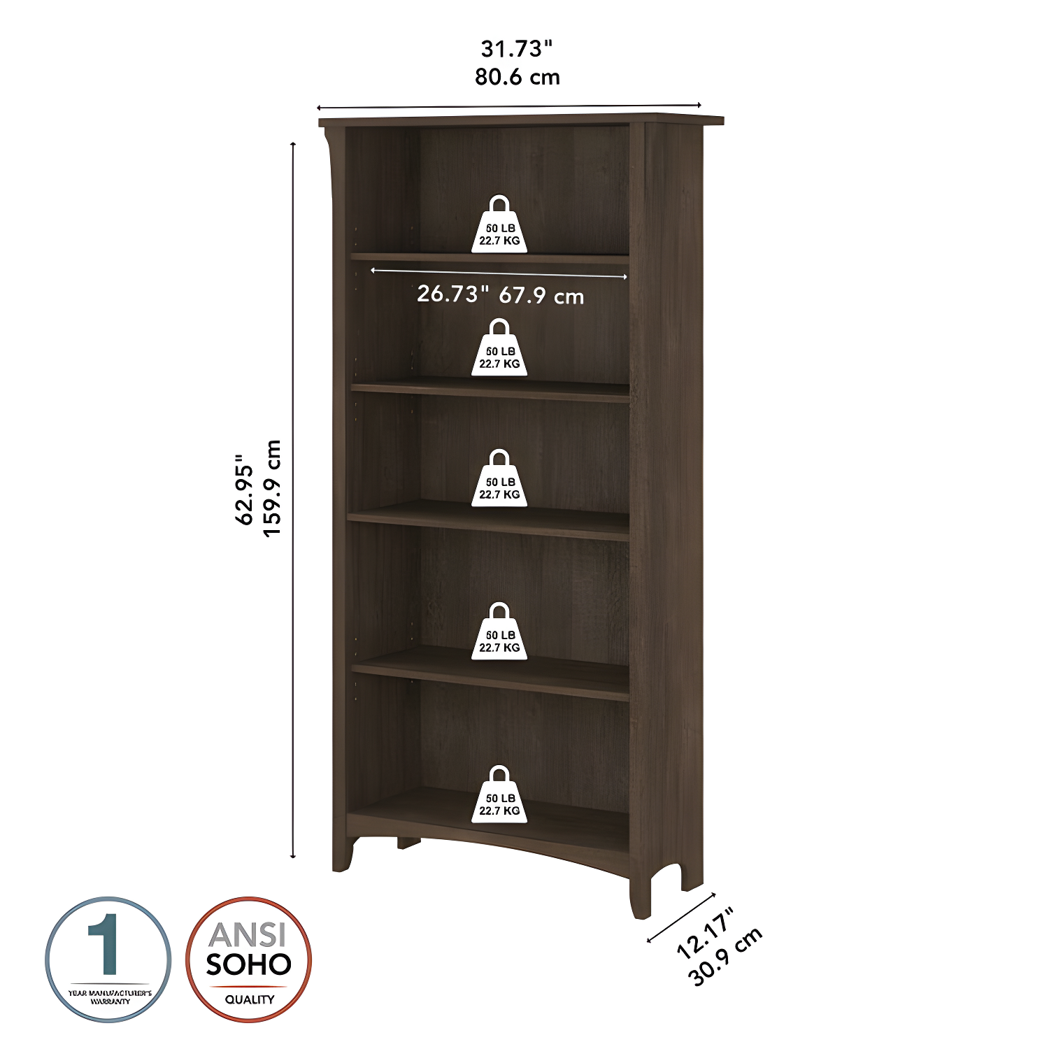 Khadesha 5 Shelf 63" Standard Bookcase