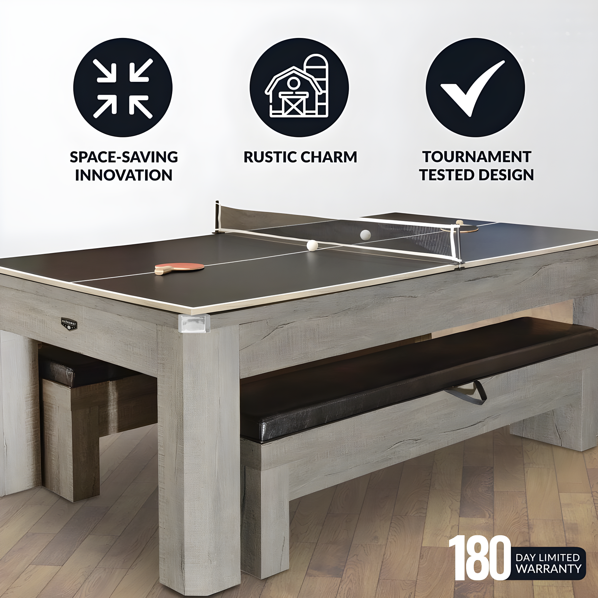 Hathaway Games Hathaway Newport Stylish 7 Ft Multi Game Pool Table Combo with Dining Top and Ping Pong – Includes Benches for Home Storage and Accessories