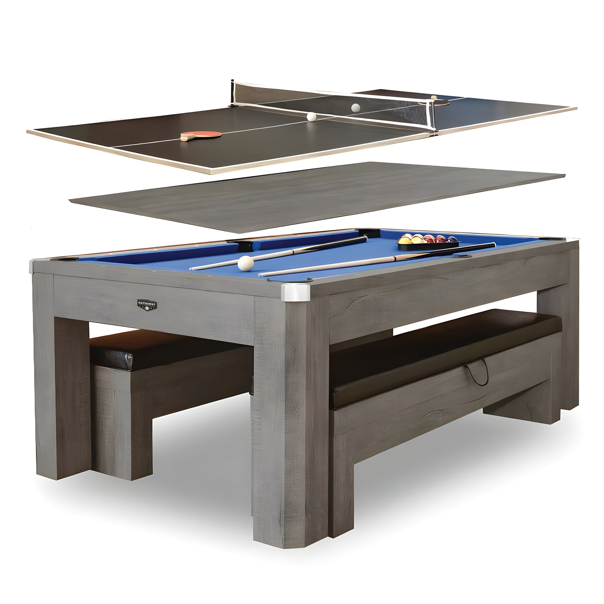 Hathaway Games Hathaway Newport Stylish 7 Ft Multi Game Pool Table Combo with Dining Top and Ping Pong – Includes Benches for Home Storage and Accessories