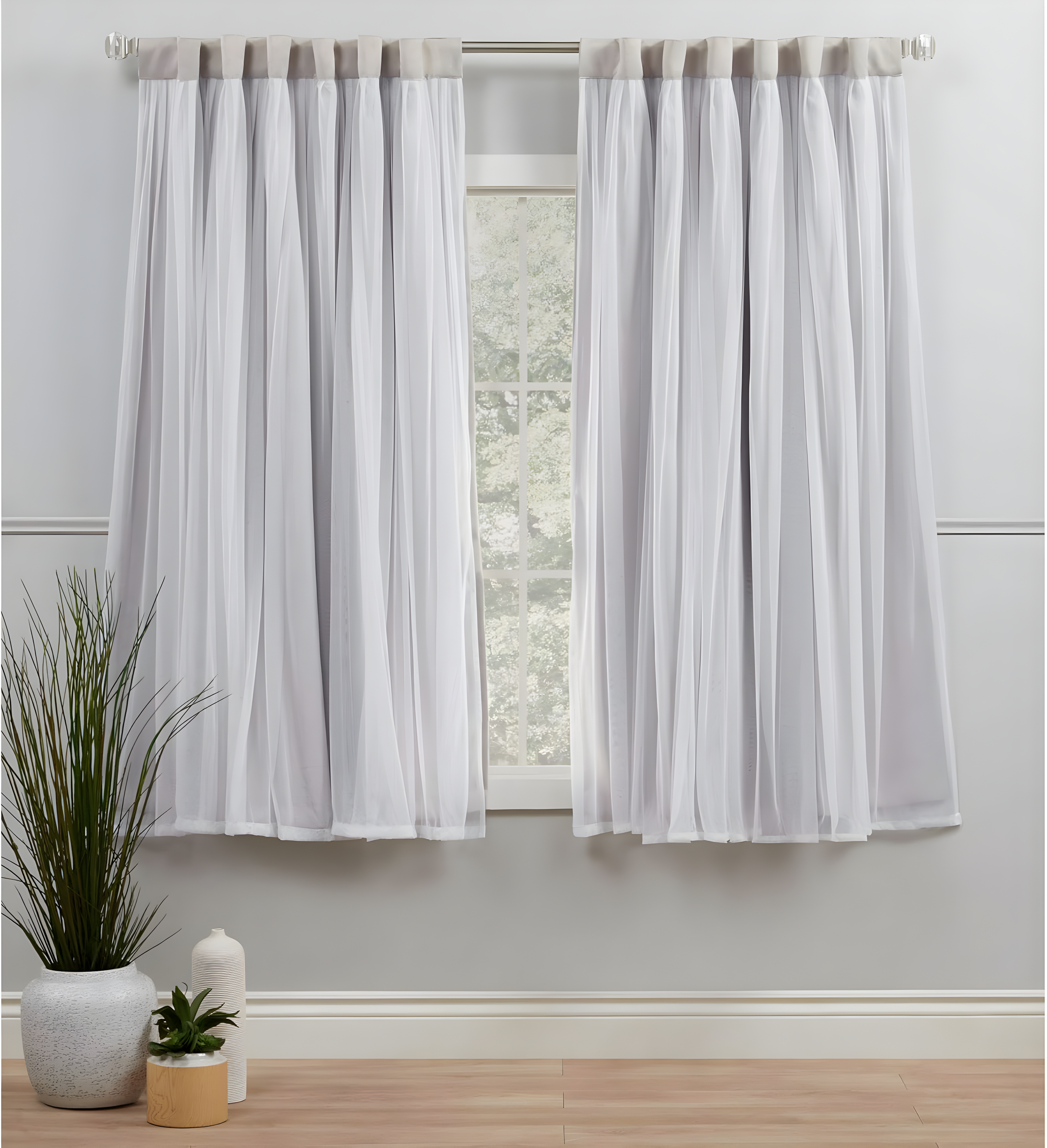 Amalgamated Textiles Exclusive Home Catarina Layered Solid Room Darkening and Sheer Hidden Tab/Rod Pocket Top Curtain Panel Pair (Set of 2)