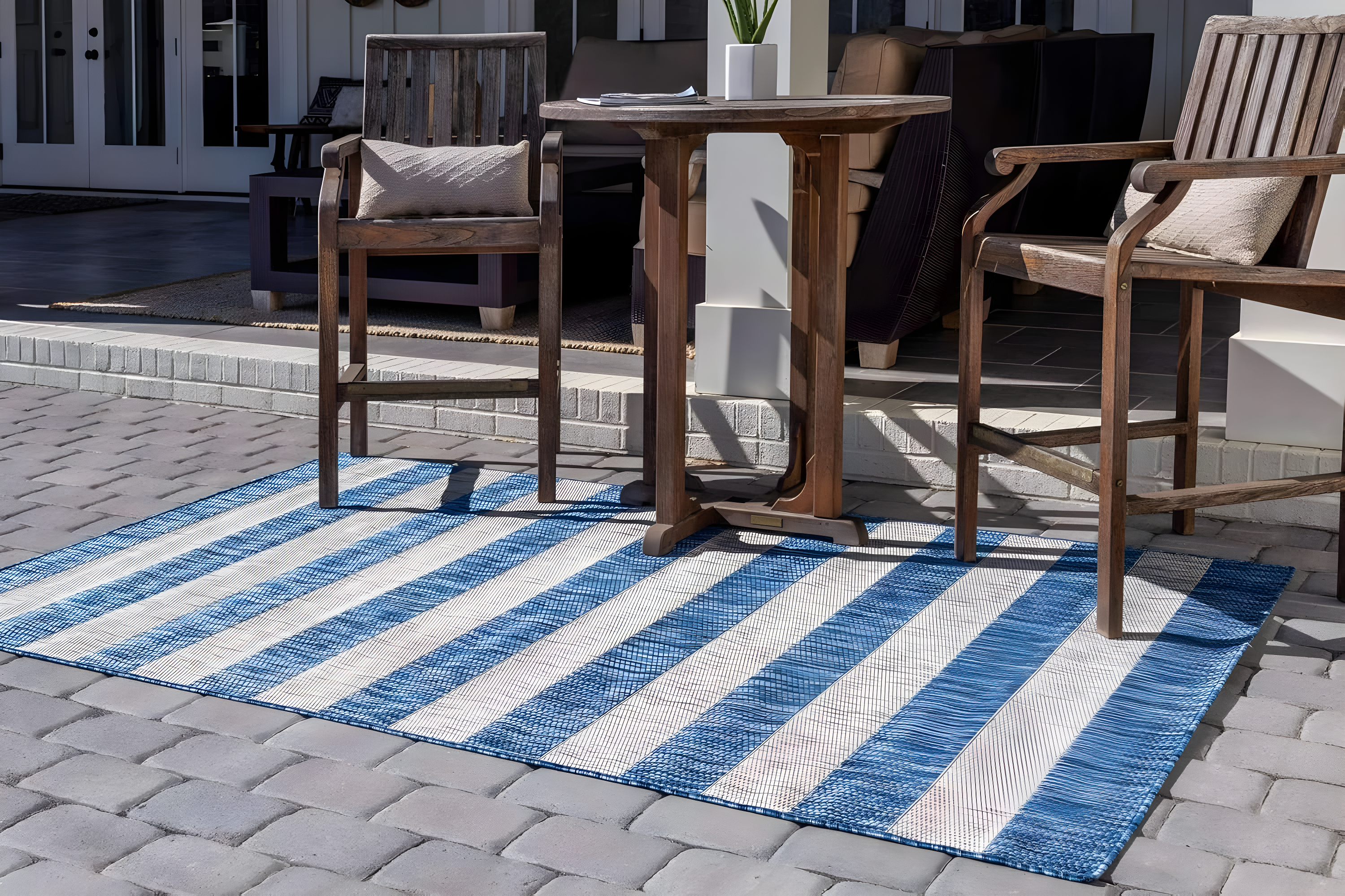 Unique Loom Outdoor Striped Collection Area Rug - Distressed Stripe (7' 1" x 10' Rectangle Blue/Ivory)