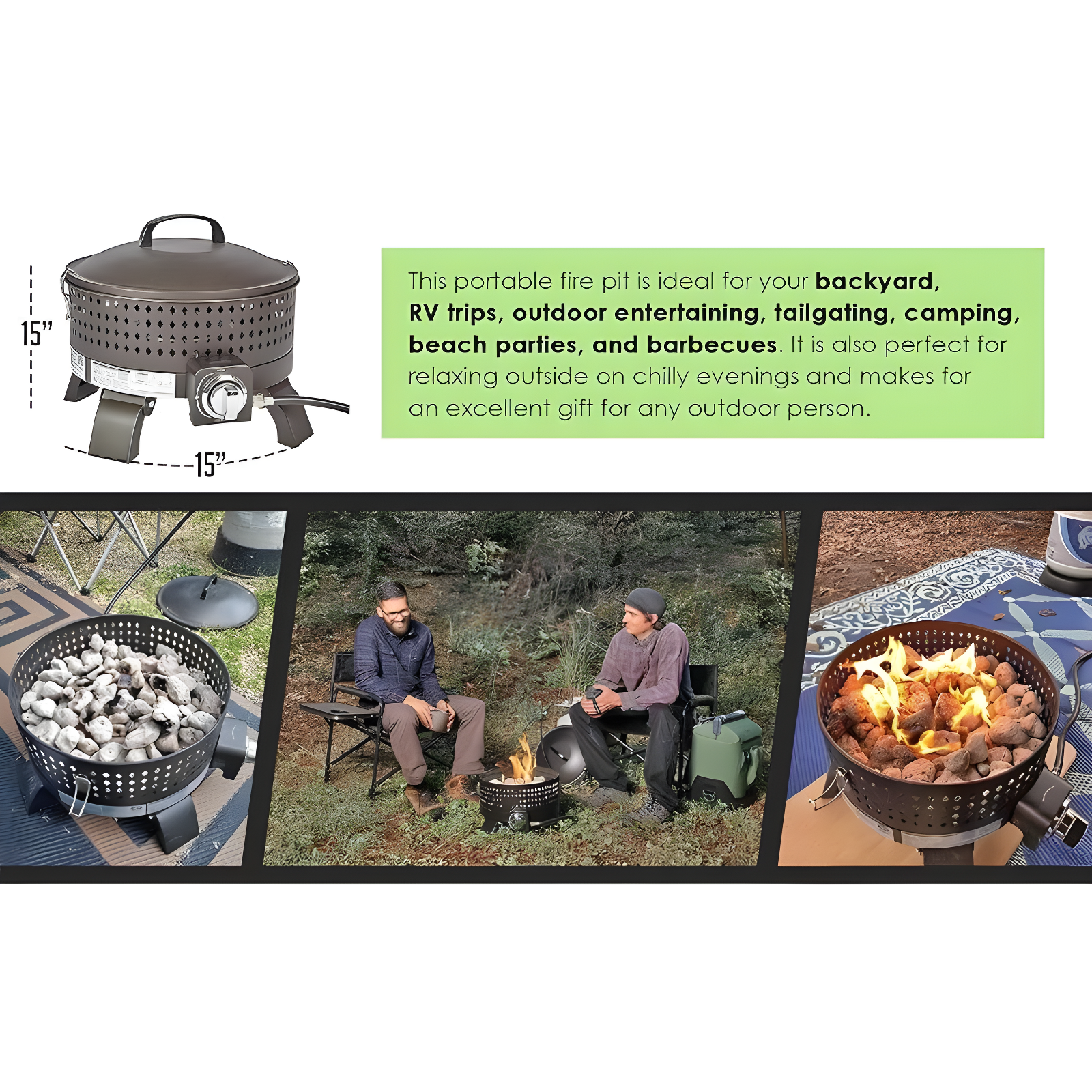 Fire Sense 62133 Sporty Campfire Portable Fire Pit LPG Gas 60,000 BTU Outdoor Firepit Includes Propane Stand Included - Dark Bronze - Round - 15"