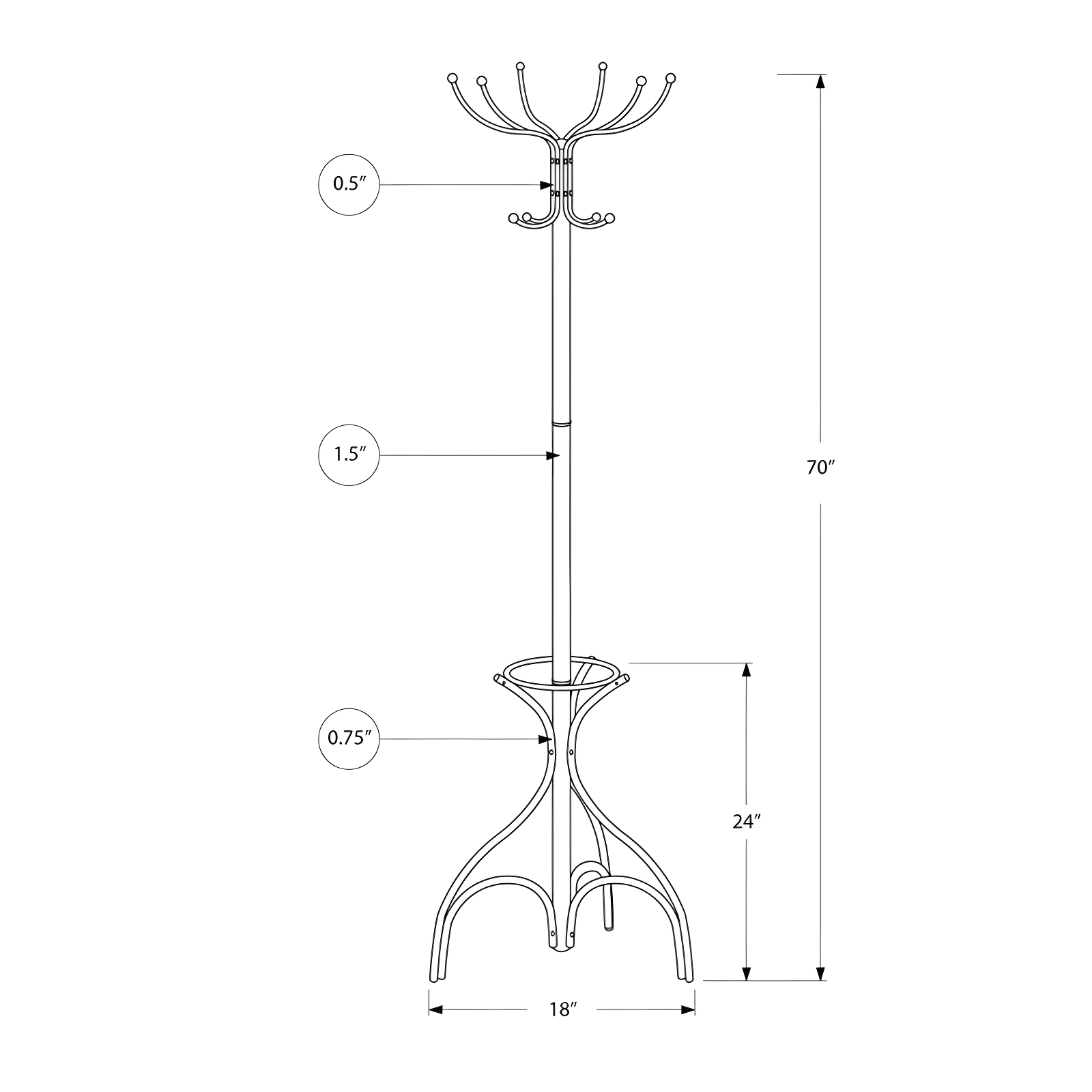 EveryRoom Coat Rack with Umbrella Holder - Silver Metal: 70" High, 6 Hooks, Metal Frame, Adult Assembly Required