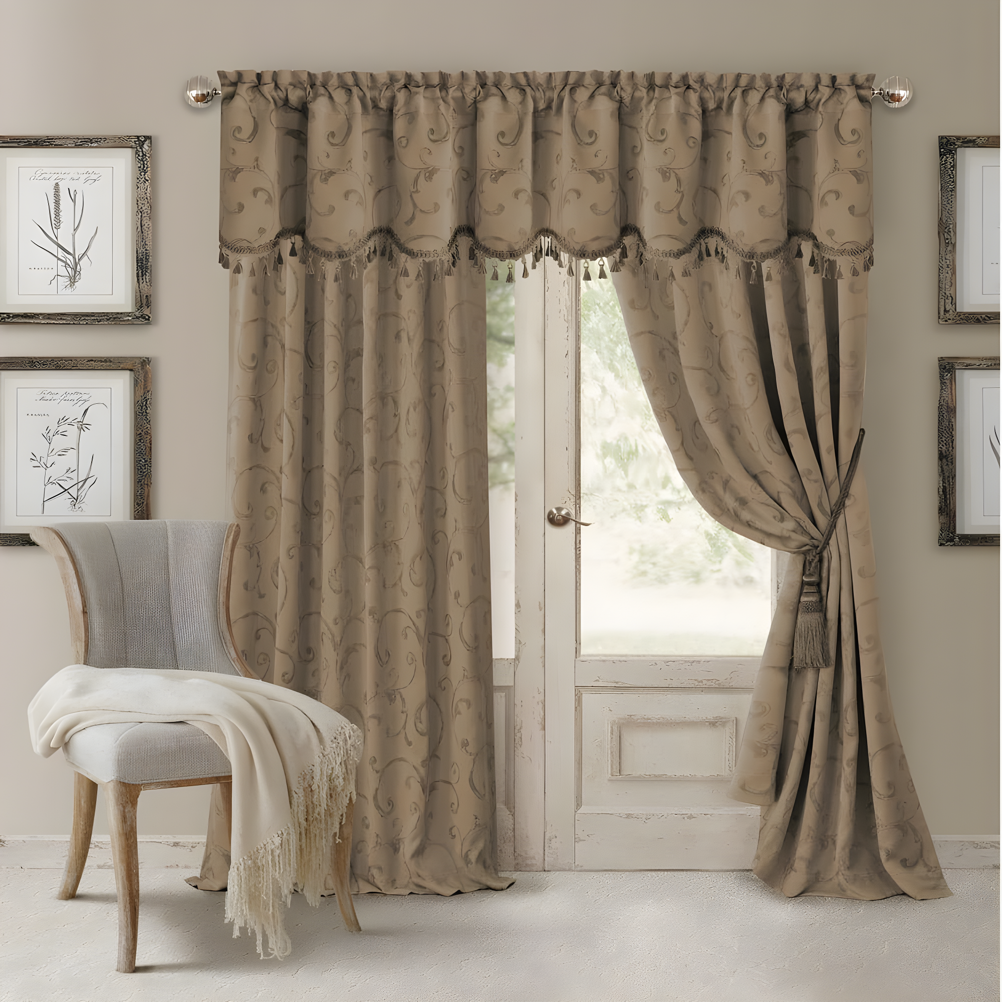 Mia Jacquard Scroll Blackout Window Curtain Panel - 52" x 95" - Taupe - Elrene Home Fashions