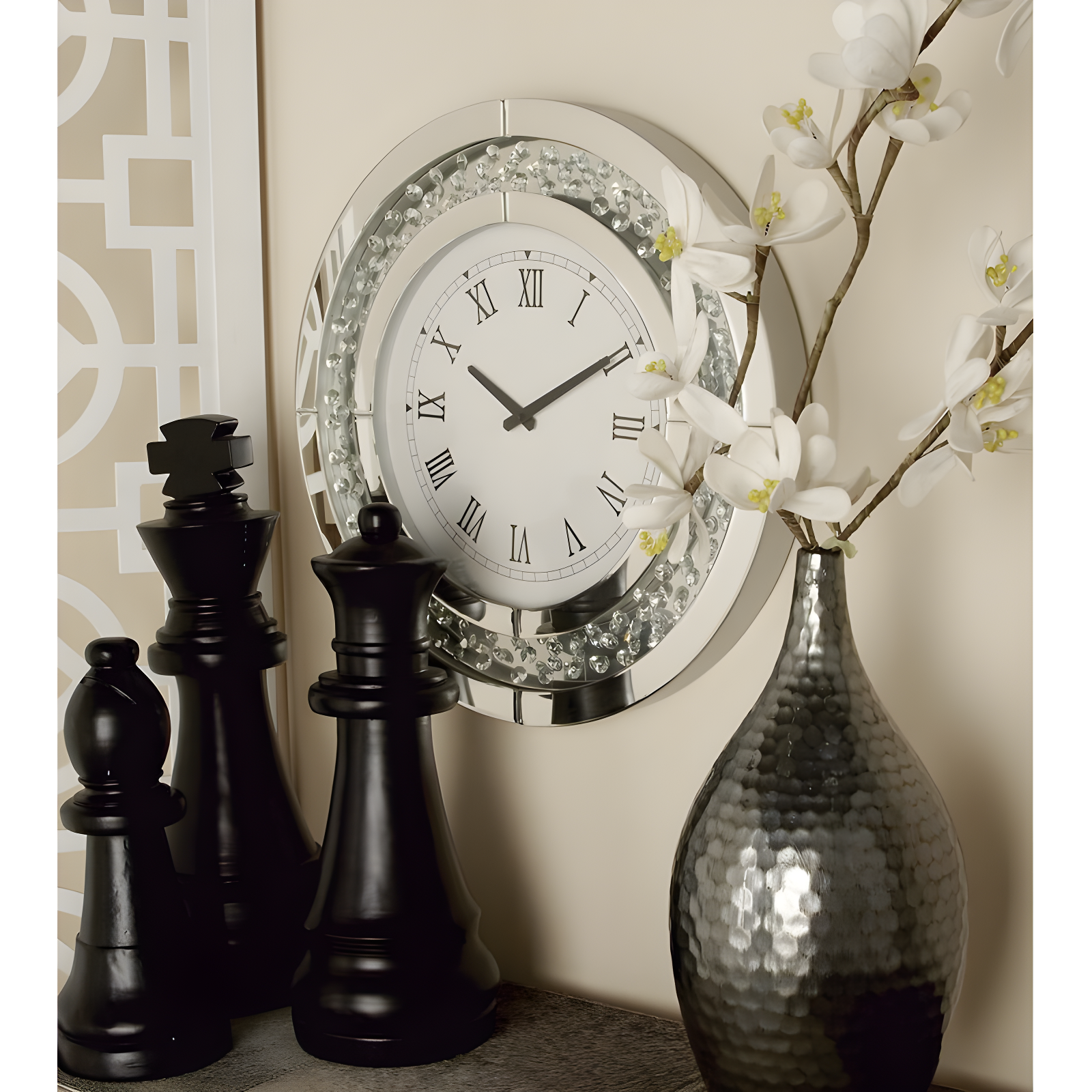 Rosdorf Park Ansonia Glass Mirrored Decorative White Wall Clock with Floating Crystals