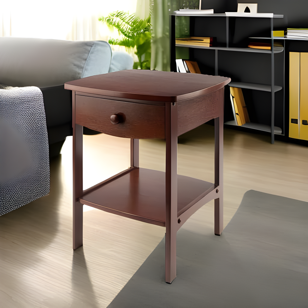 Winsome End Table Walnut: Hardwood Frame, MDF Top, Rectangular Side Table with Shelf & Drawer
