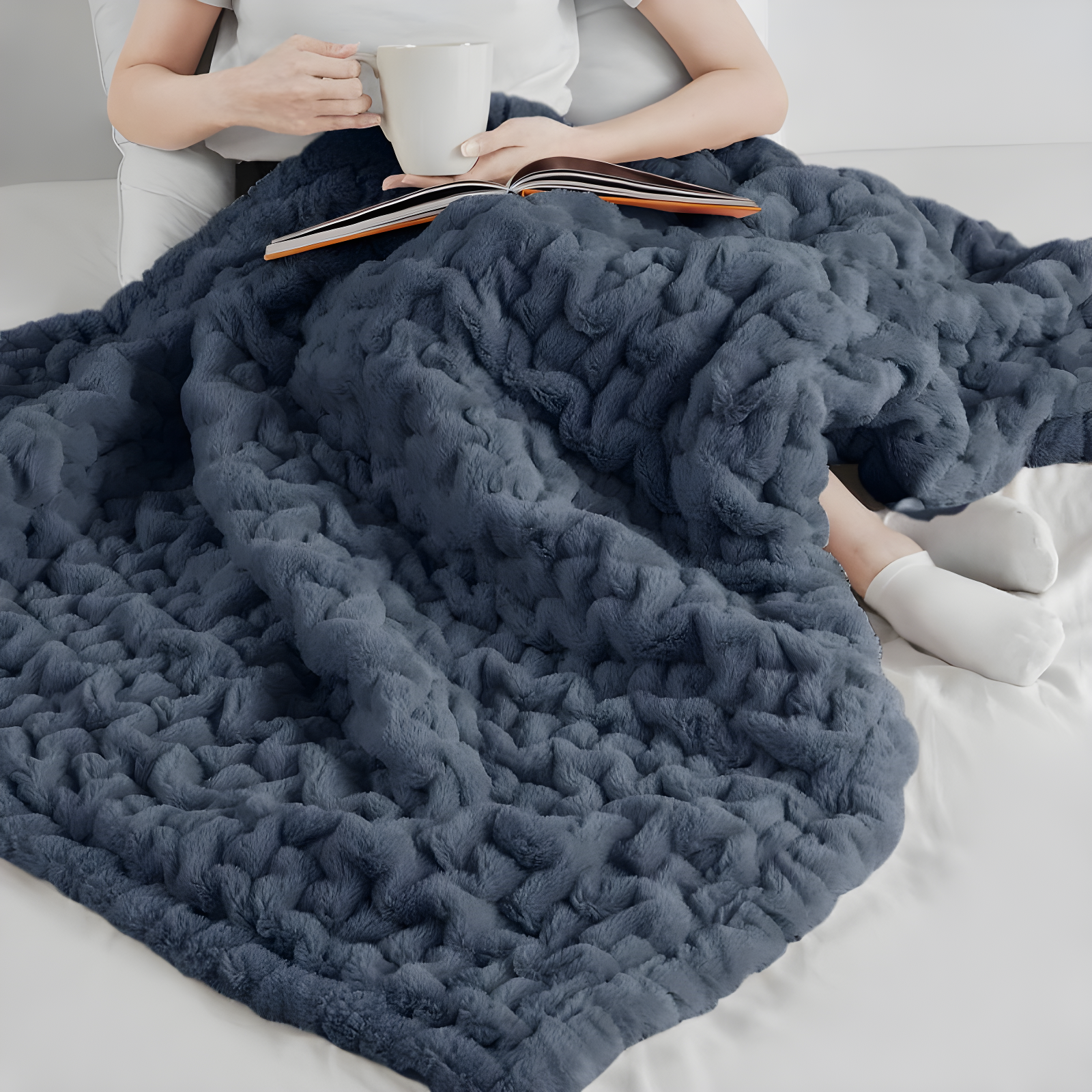 Madison Park Slate Blue Ruched Fur Throw 50x60"