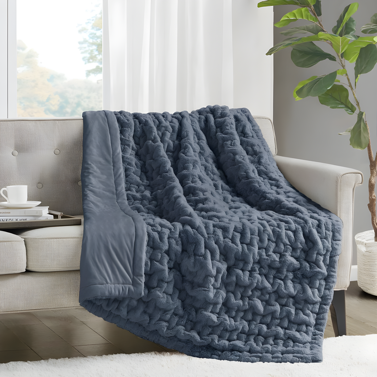 Madison Park Slate Blue Ruched Fur Throw 50x60"