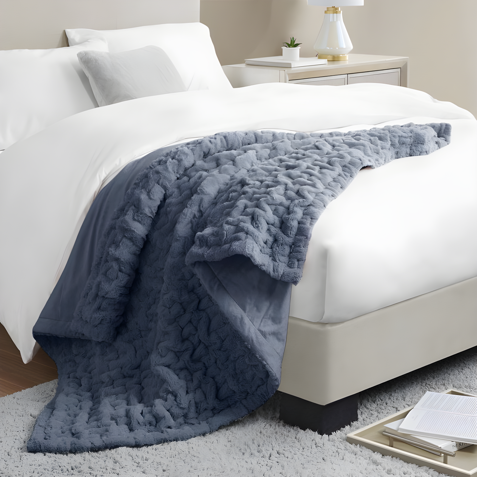 Madison Park Slate Blue Ruched Fur Throw 50x60"