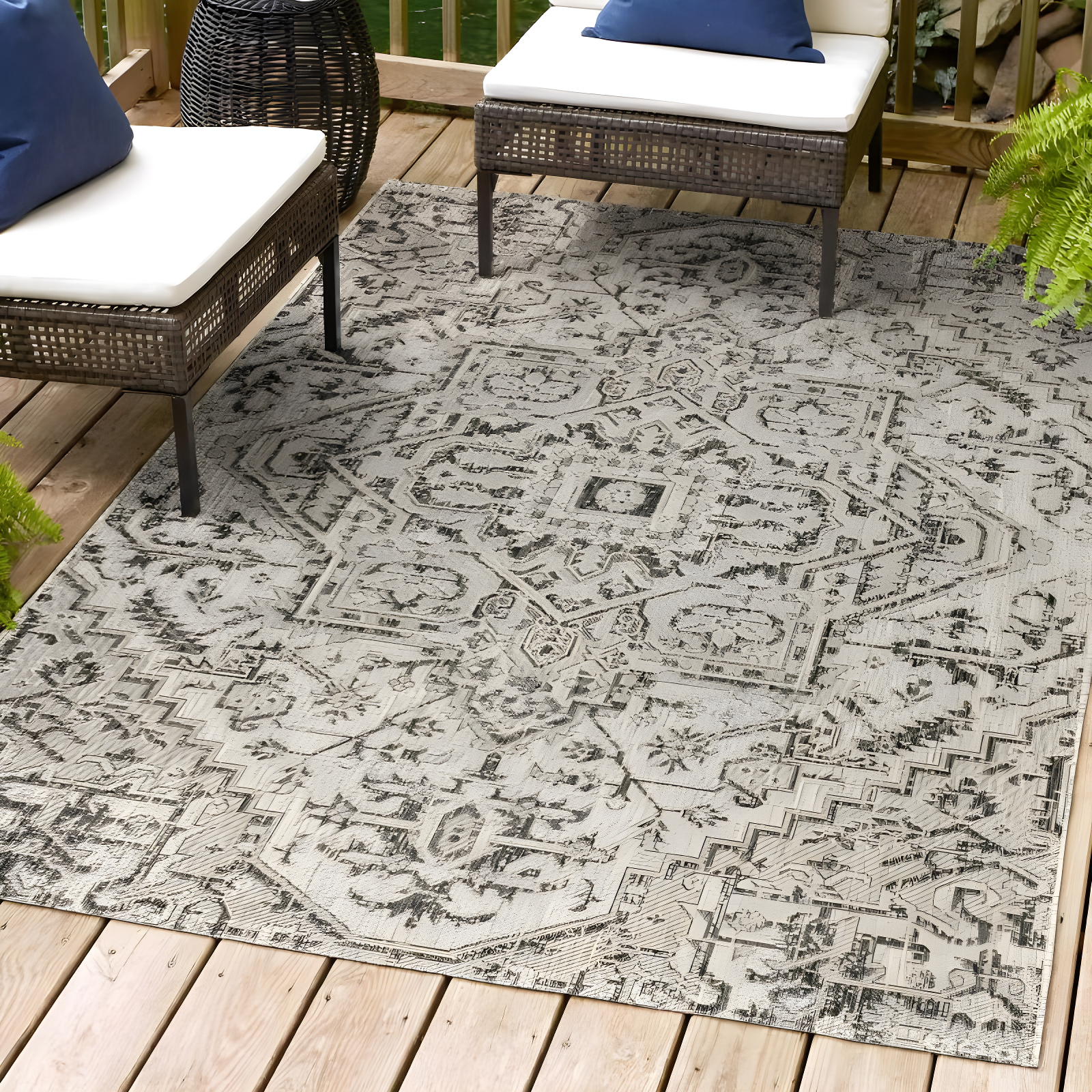 3'x5' Estrella Bohemian Medallion Textured Weave Indoor/Outdoor Area Rug, Black/Gray - JONATHAN Y