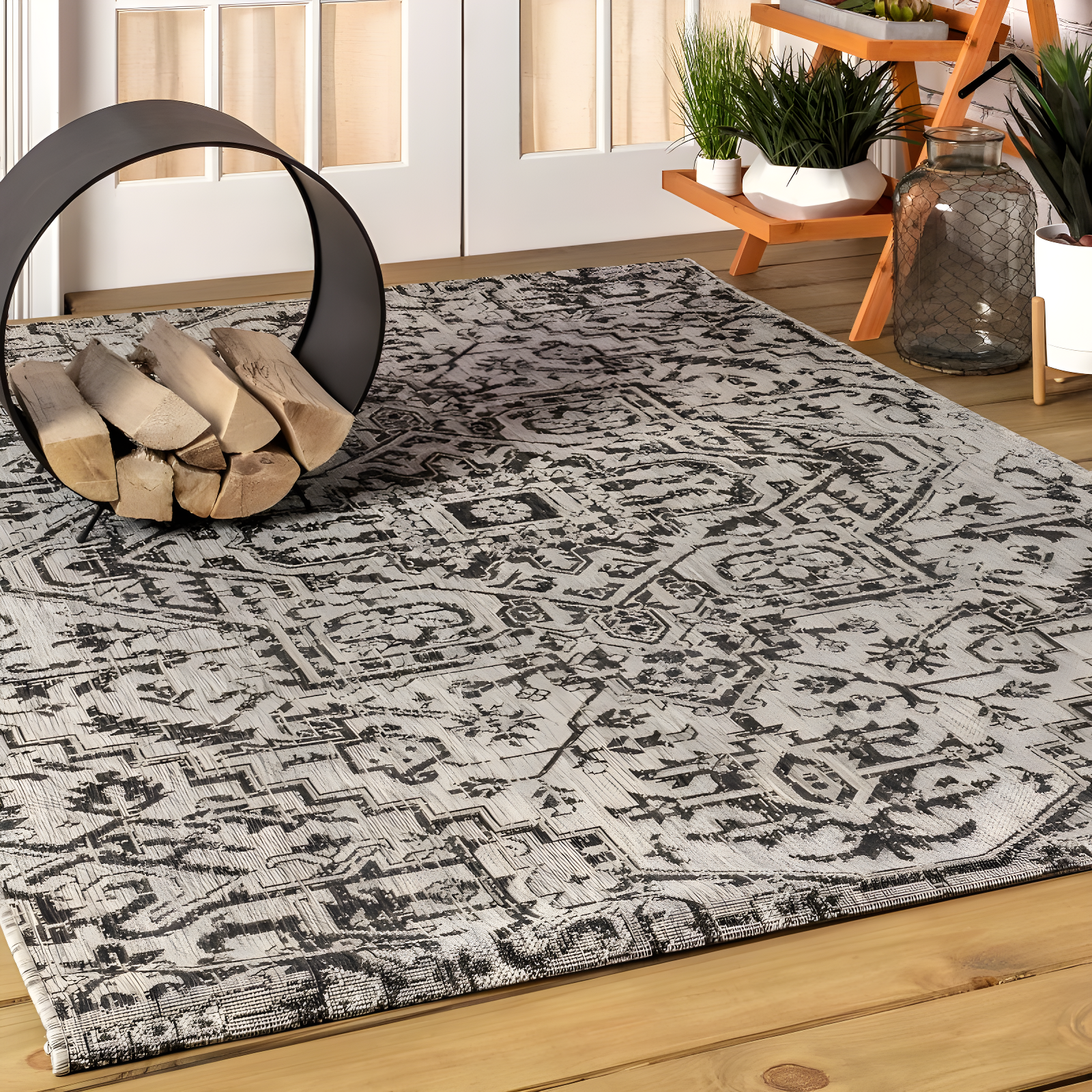 3'x5' Estrella Bohemian Medallion Textured Weave Indoor/Outdoor Area Rug, Black/Gray - JONATHAN Y