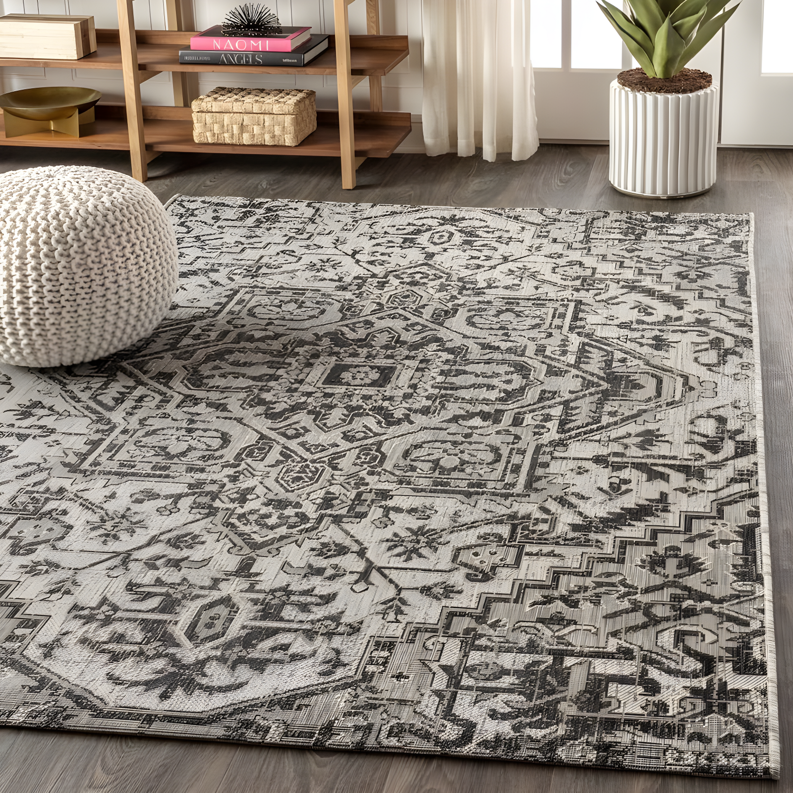 3'x5' Estrella Bohemian Medallion Textured Weave Indoor/Outdoor Area Rug, Black/Gray - JONATHAN Y
