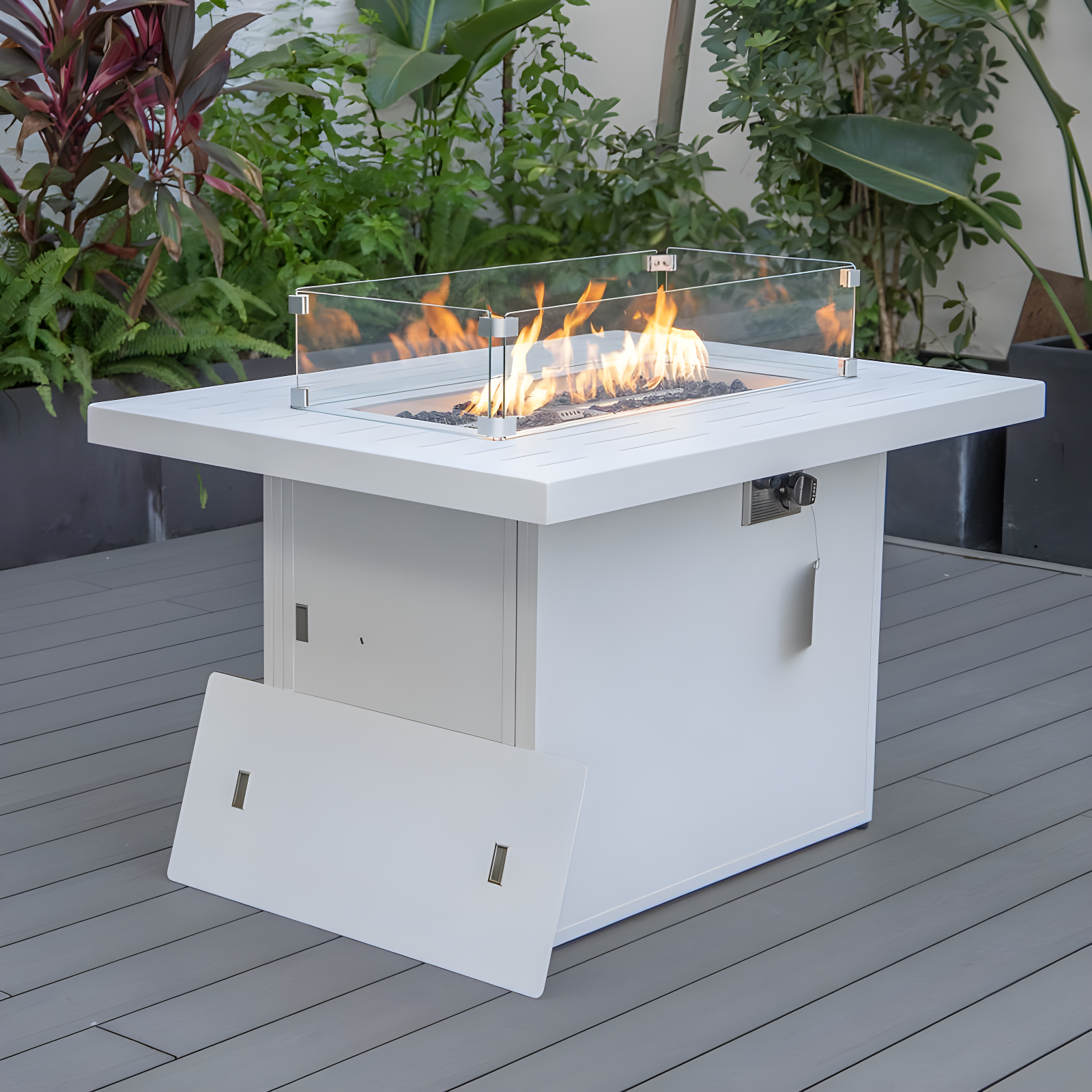 LeisureMod Chelsea Patio Modern Aluminum Propane Fire Pit Table in White
