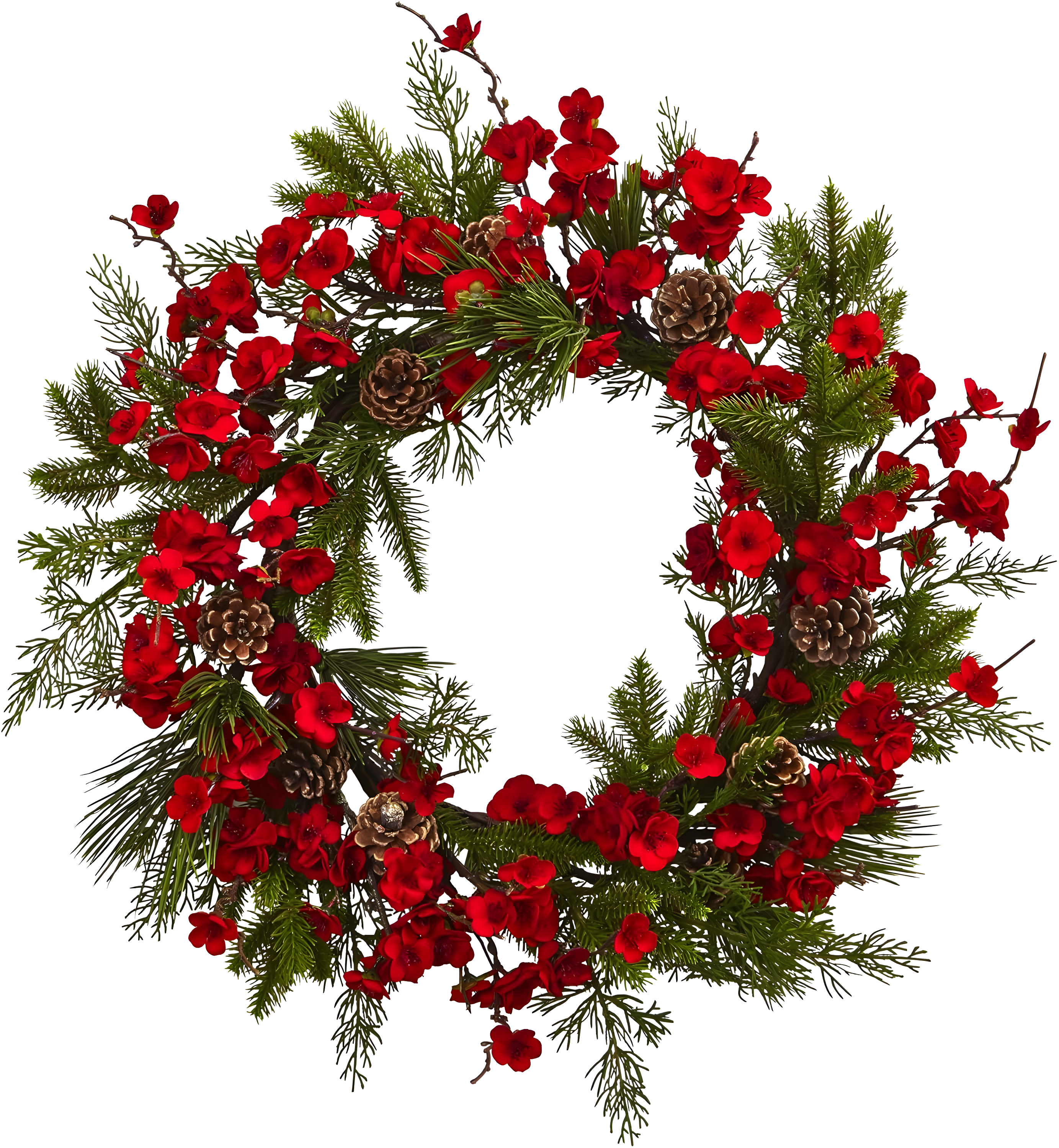 Nearly Natural Plum Blossom Pine Wreath (24"): Faux Floral Wall Decor for Indoor, Unlit Winter Display