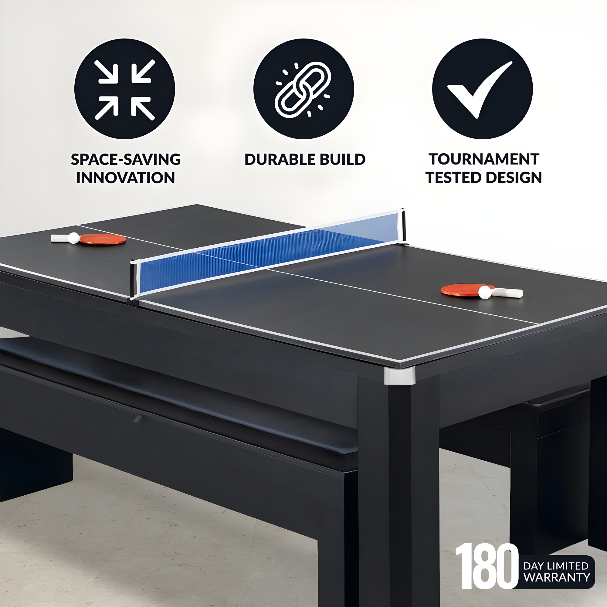 Hathaway Newport Stylish 7 Ft Multi Game Pool Table Combo with Dining Top and Ping Pong – Includes Benches for Home Storage and Accessories